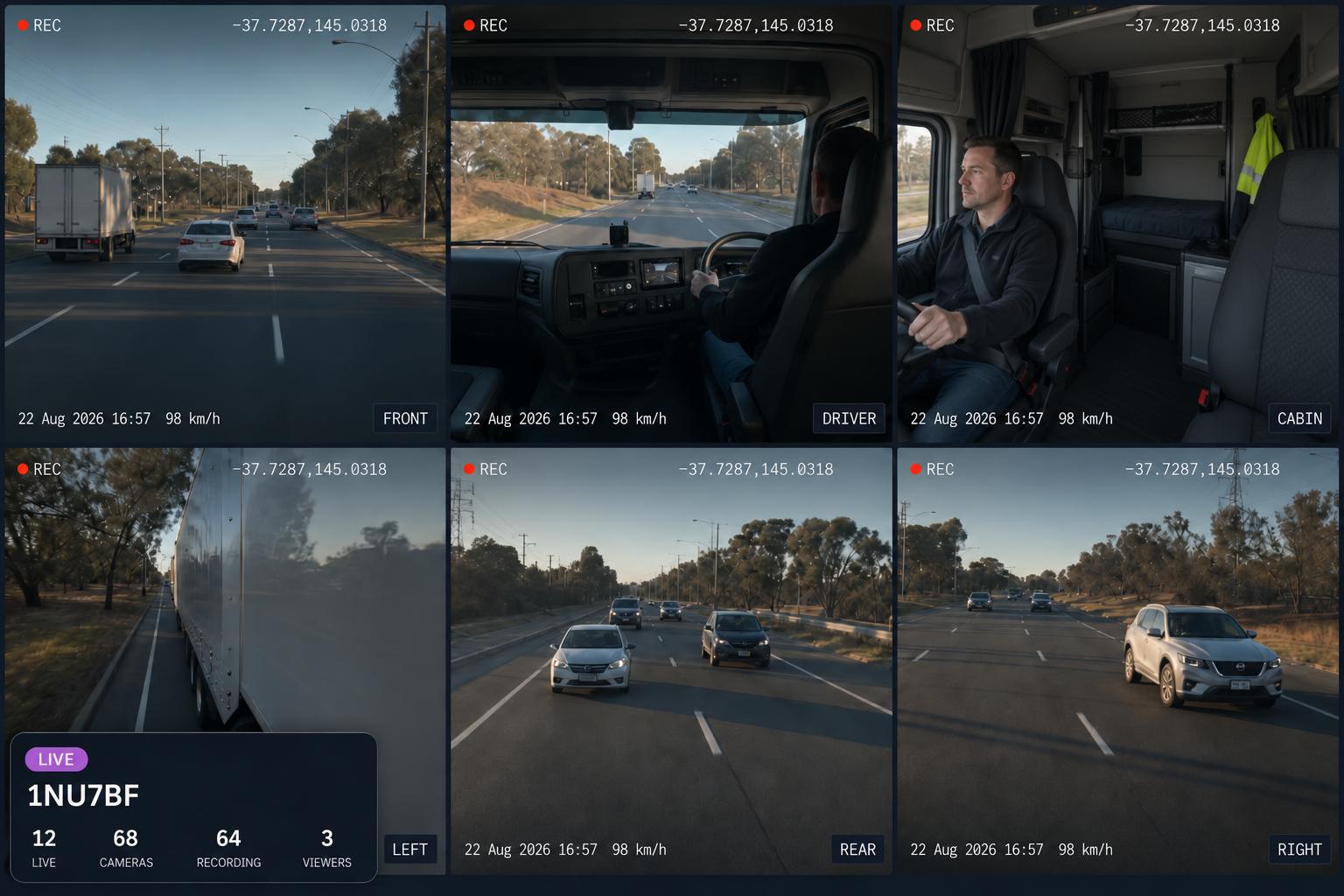 Vision360 live view: the fleet counters for live vehicles, online cameras, recording cameras, offline cameras and live viewers, above a six-up synchronised camera grid for one vehicle with front, driver, cabin, left, rear and right, and the vehicle details and system status panel beside it. 4:3, dark UI, 2000x1500.