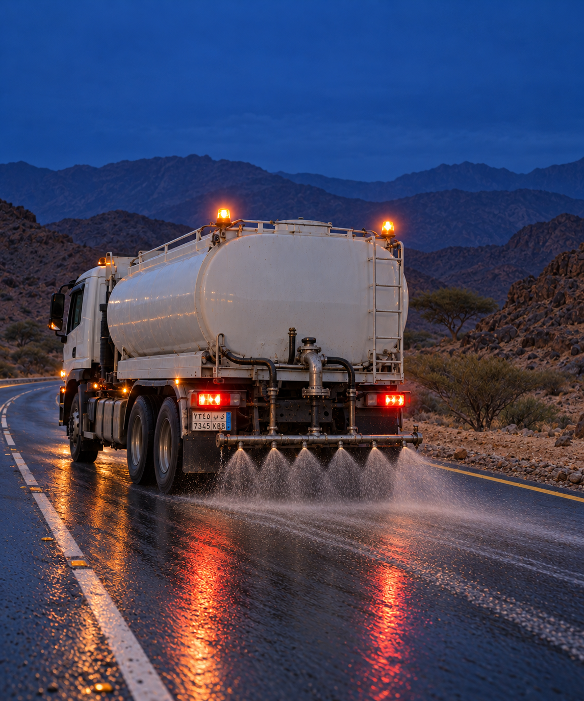 Photograph: a gritter on a treated road at dawn in winter. Dark and cool, room at the top, no text in the artwork.