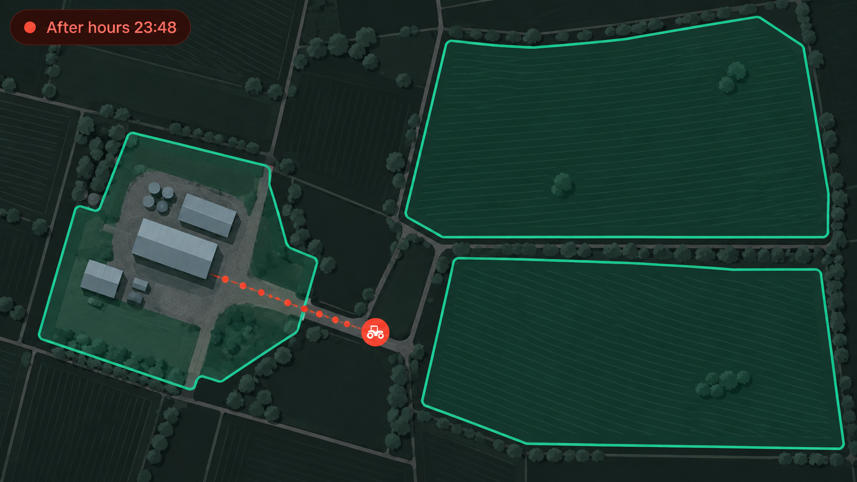 Geofence view: boundaries drawn around the working areas with an after-hours movement alert.