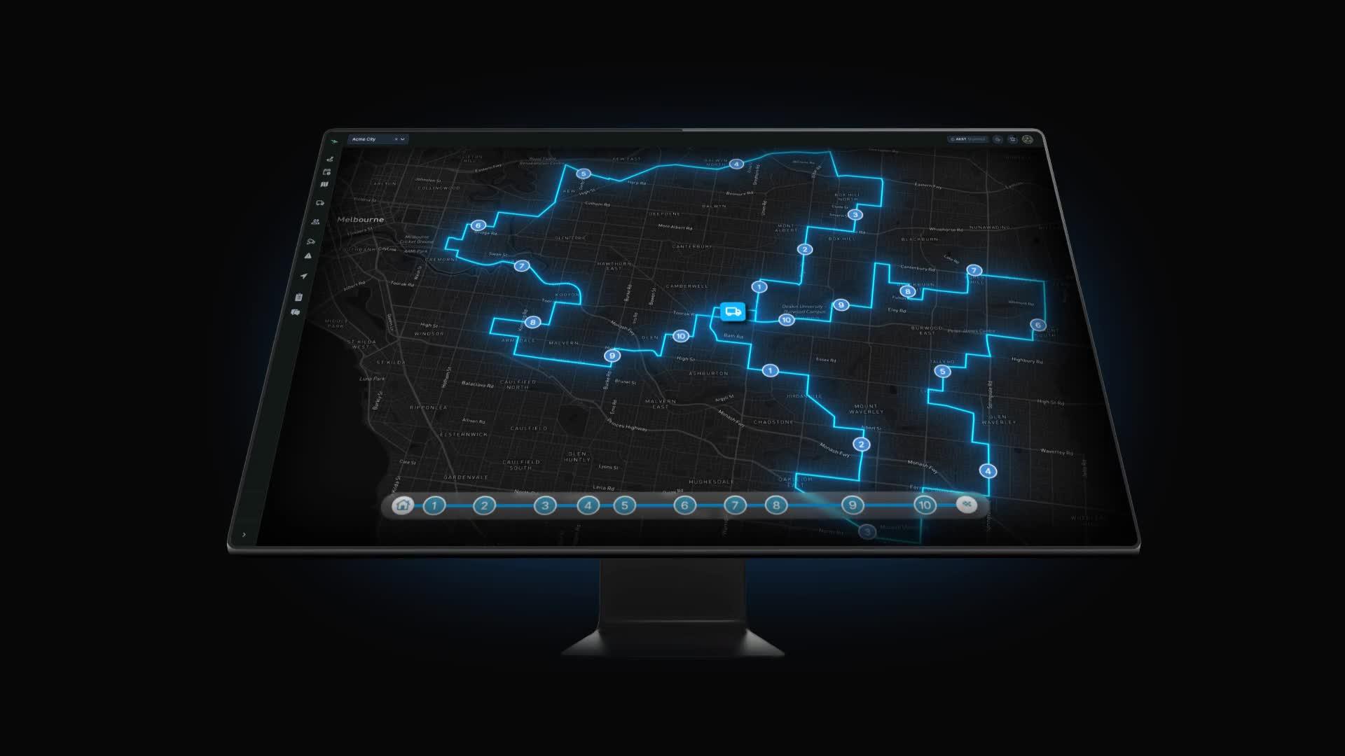 A driver spreadsheet dissolving into the live Route360 map on a desktop console