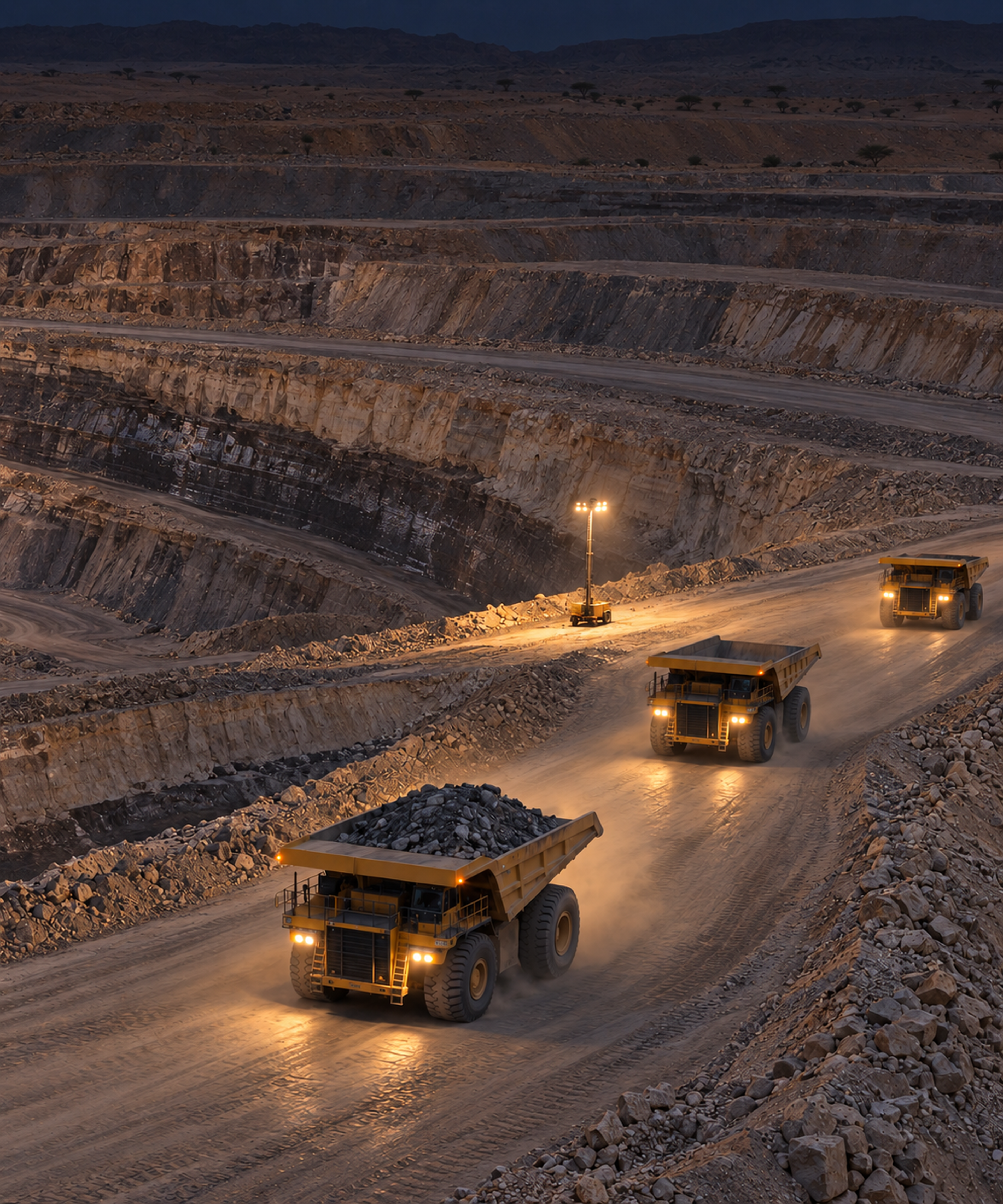 Photograph: haul trucks on a bench at dusk, shot from height. Dark and cool, room at the top, no text in the artwork.
