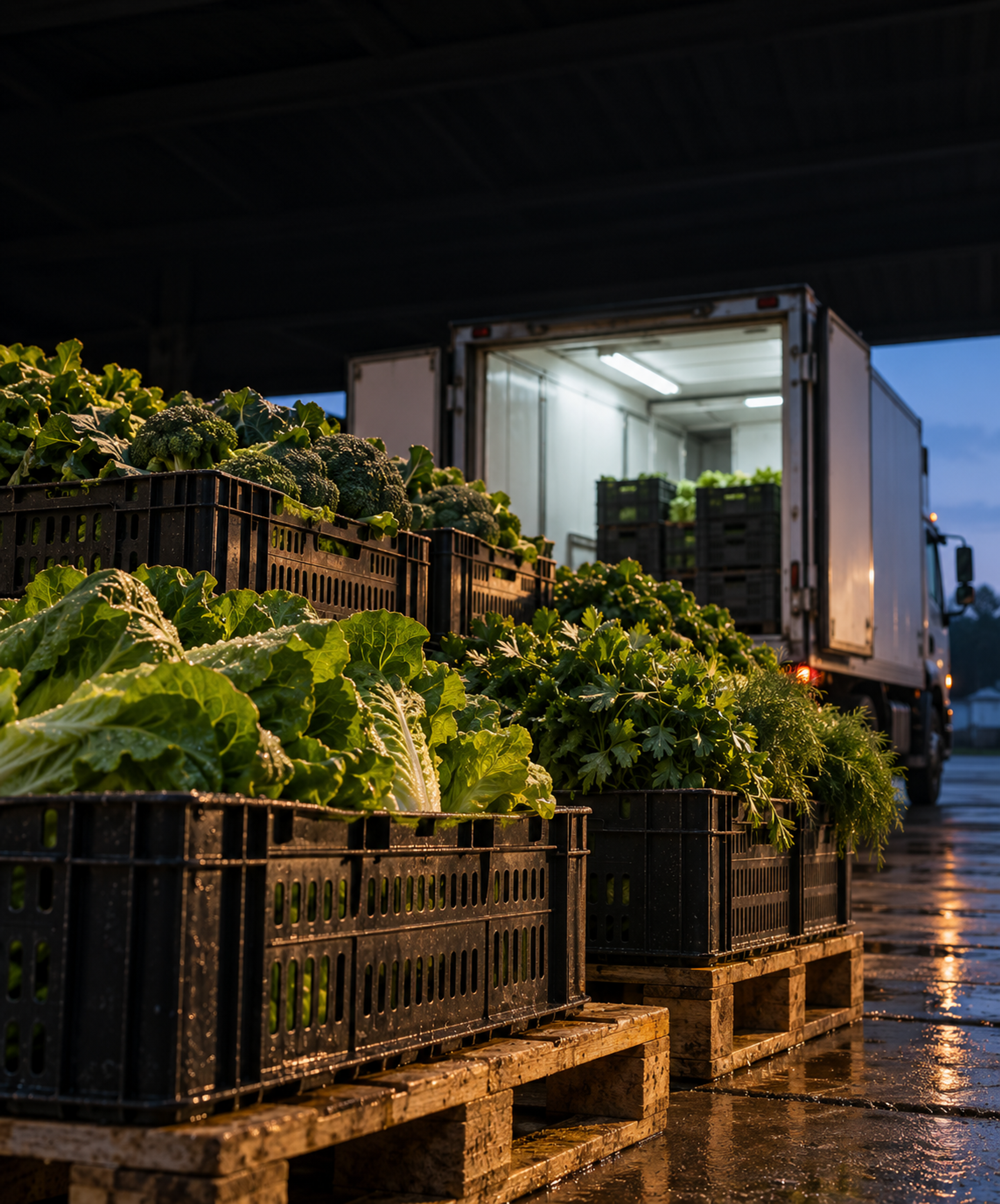 Photograph: a produce dock at dawn with crates. Dark and cool, room at the top, no text in the artwork.