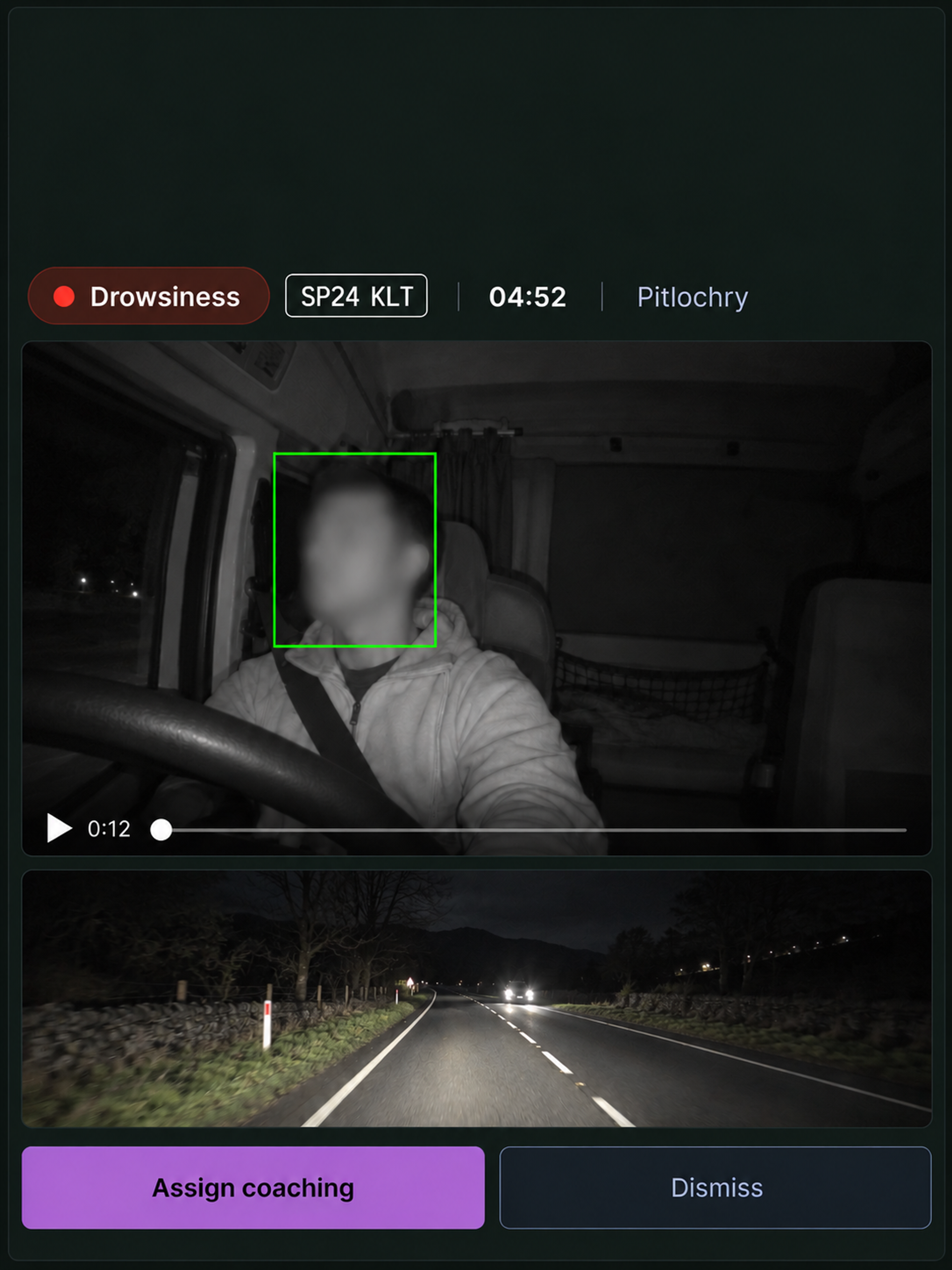 A drowsiness event in the console with its in-cab footage, ready to assign for coaching