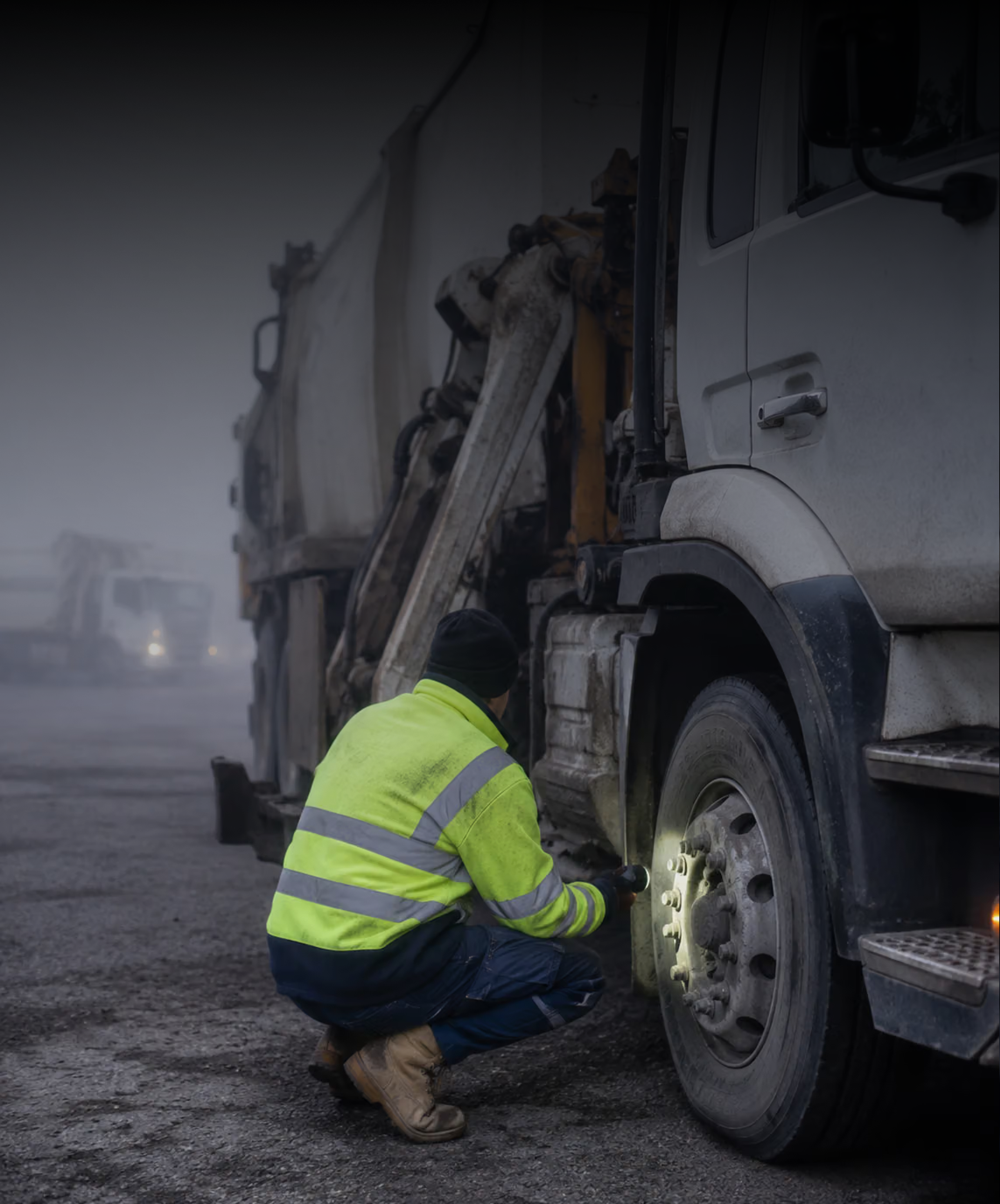 Photograph: a driver completing a pre-start check beside the vehicle at dawn. Dark and cool, room at the top, no text in the artwork.