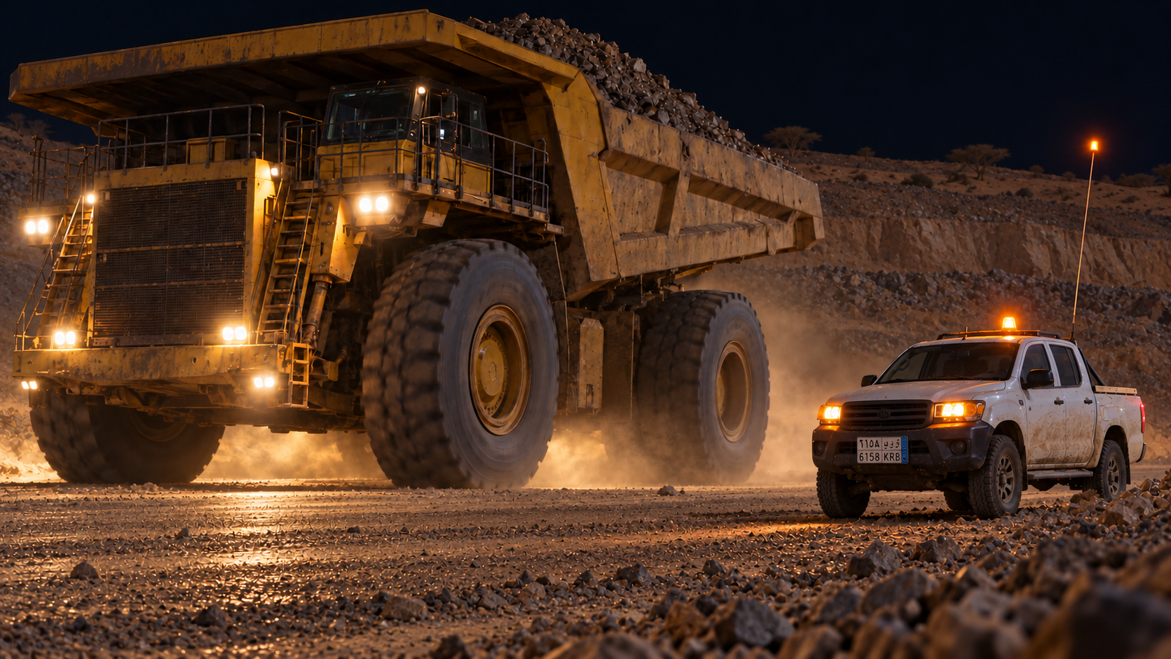 Editorial image: a haul truck and a light vehicle on a haul road at night. No text in the artwork.