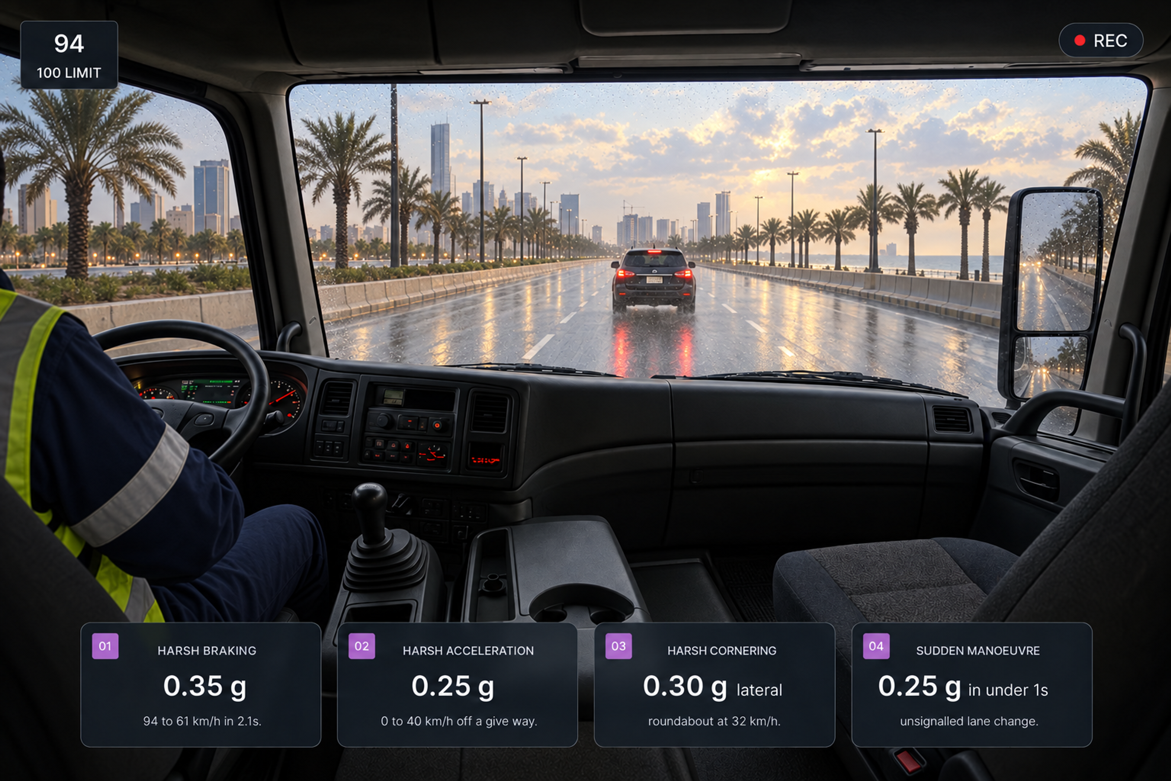 The four harsh-event types as labelled cards with their threshold examples, over a road-facing still of a wet motorway. 4:3, dark UI.