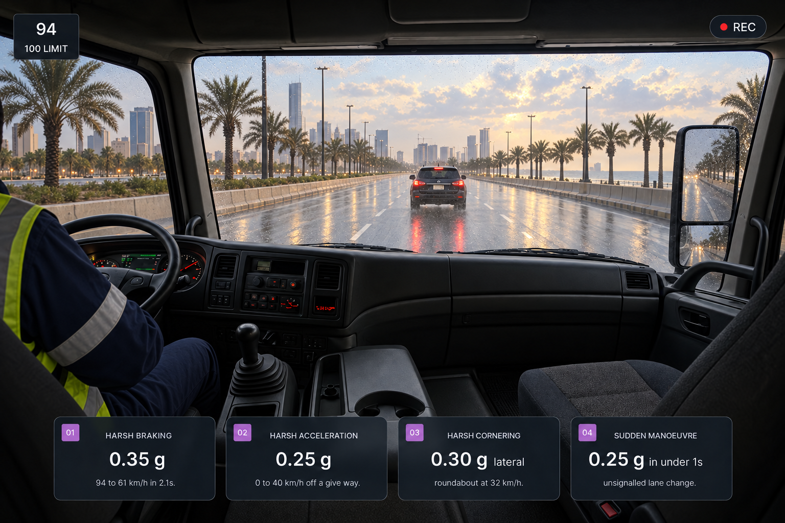 The four harsh-event types as labelled cards with their threshold examples, over a road-facing still of a wet motorway. 4:3, dark UI.