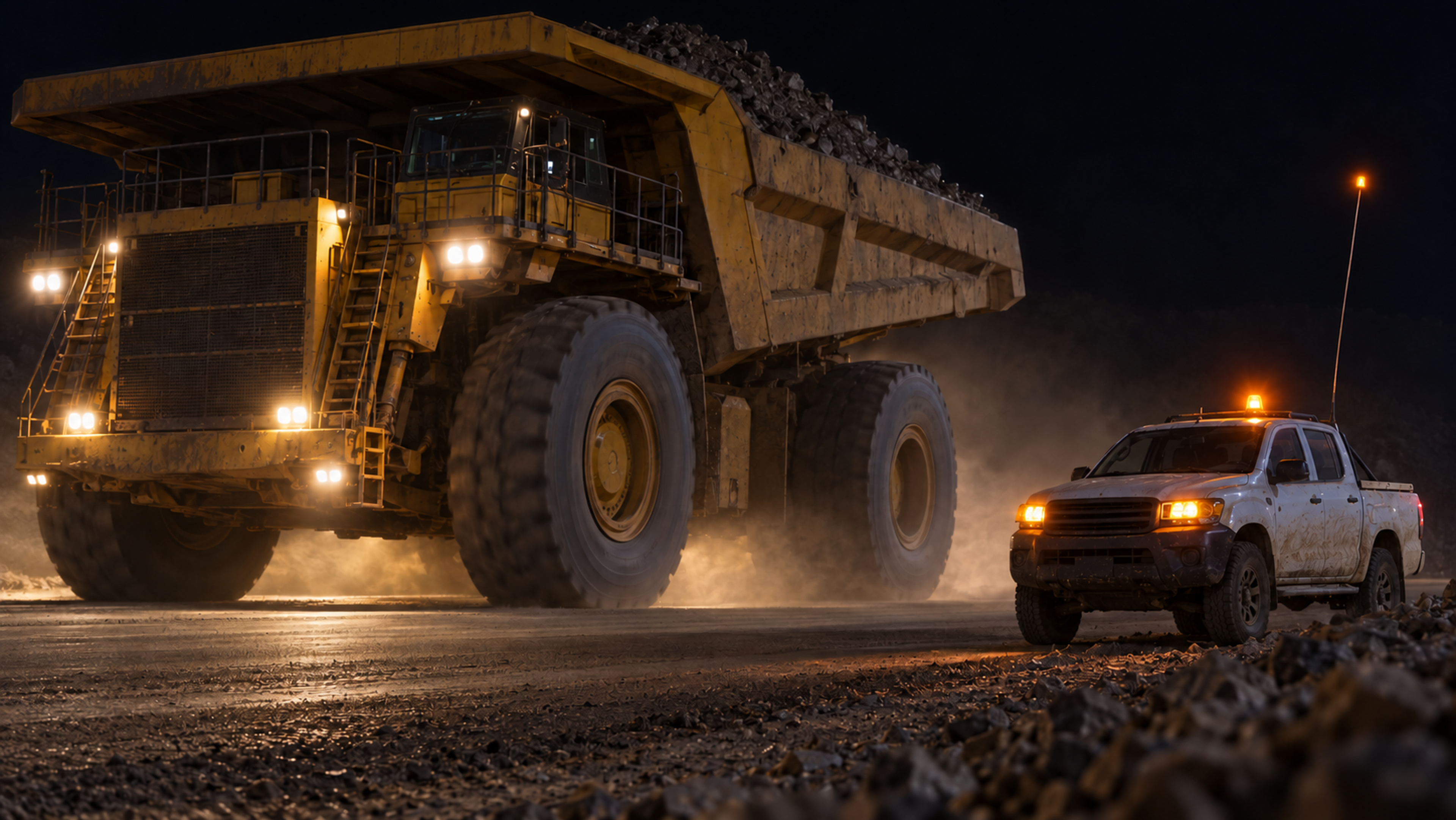 Editorial image: a haul truck and a light vehicle on a haul road at night. No text in the artwork.