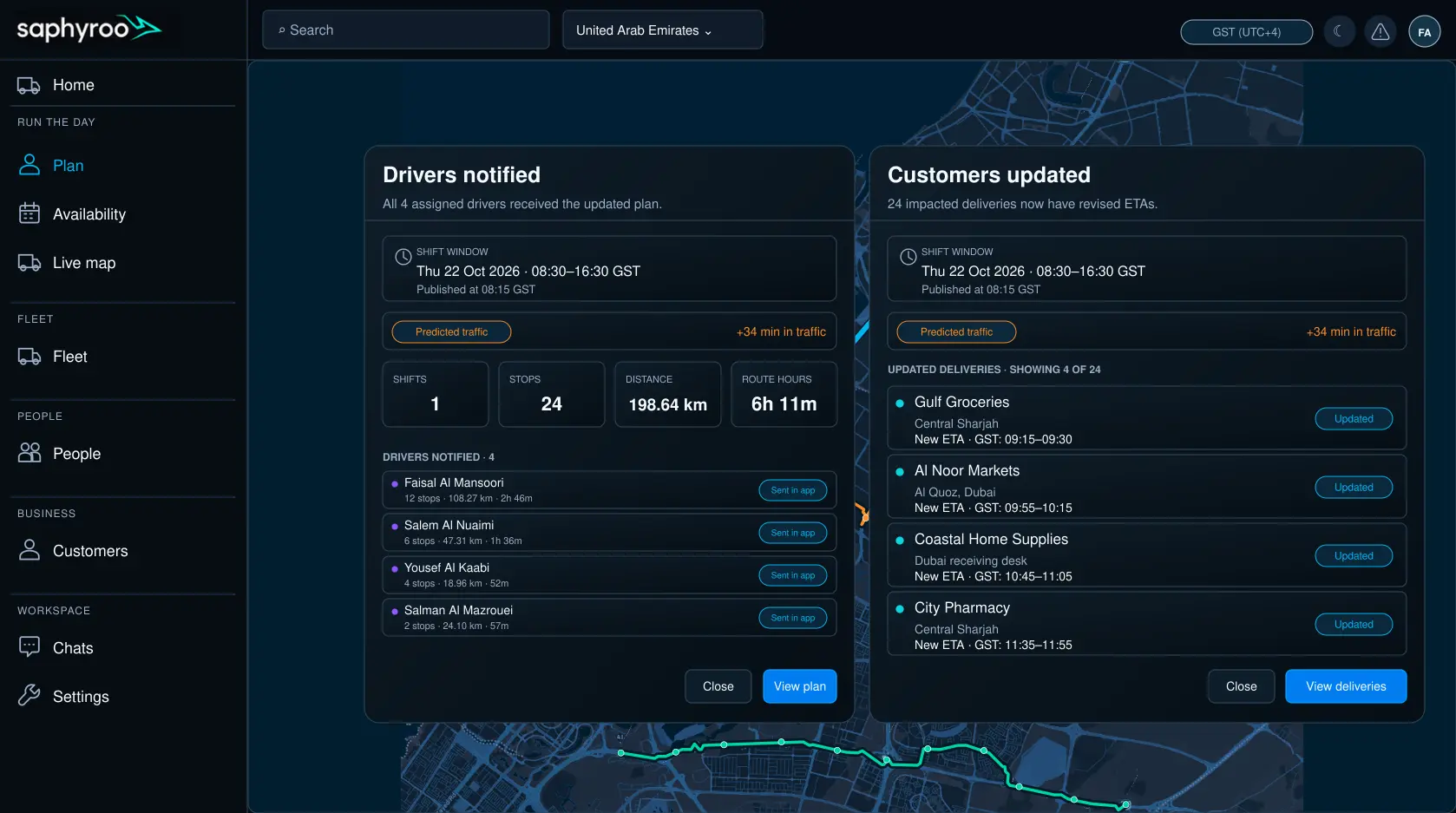 Published state: driver notified in app and customer ETAs updated, side by side. 16:9, dark UI.