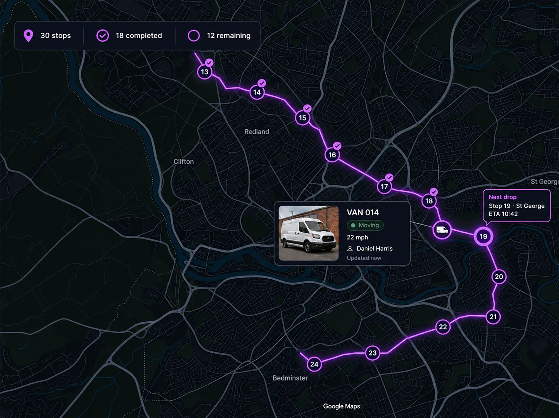Product console: a multi-drop van route on a UK city map, completed stops ticked and the next one highlighted. Landscape 16:9, dark UI, no text small enough to read.