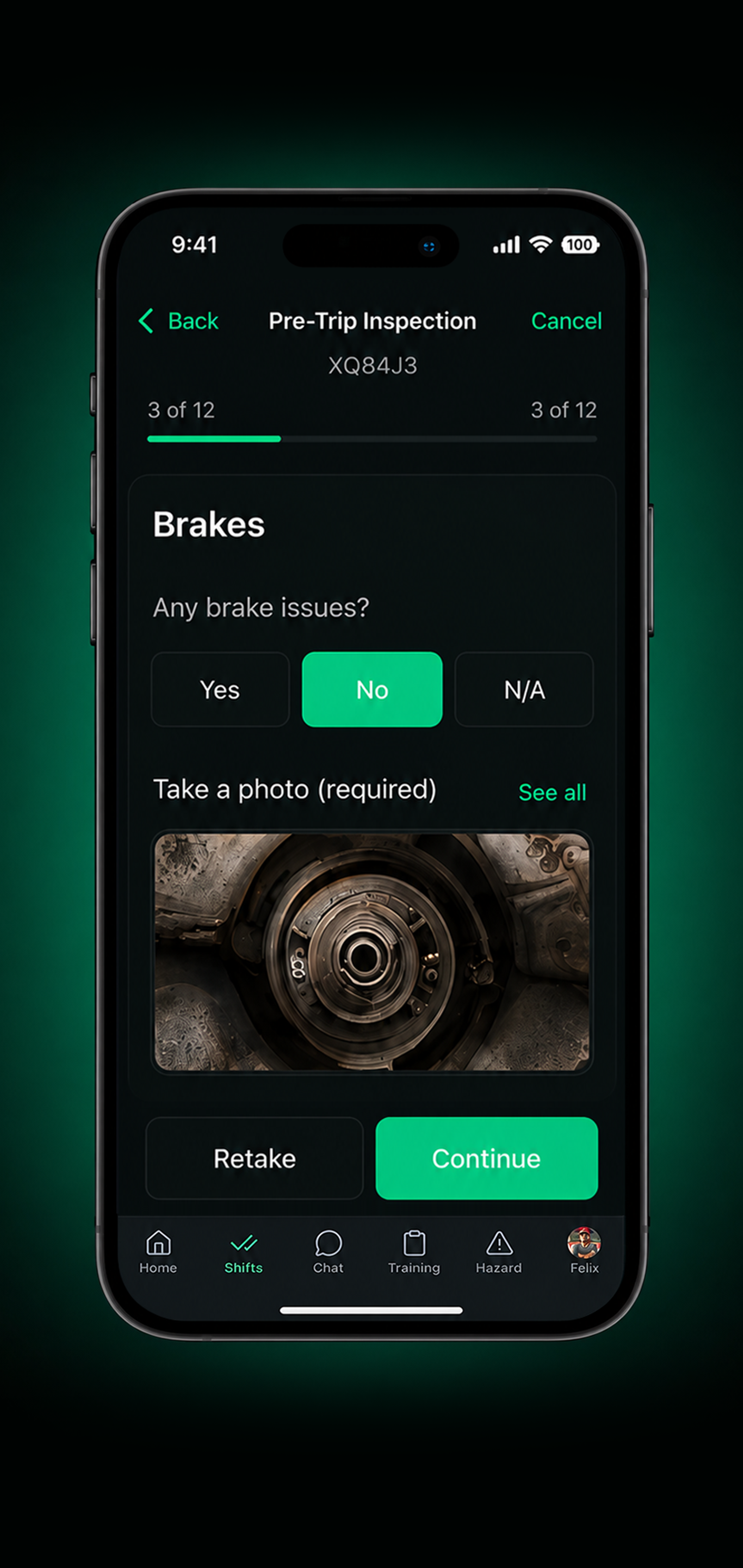 Drive360 app: tyres check with tread depth question and required photos attached
