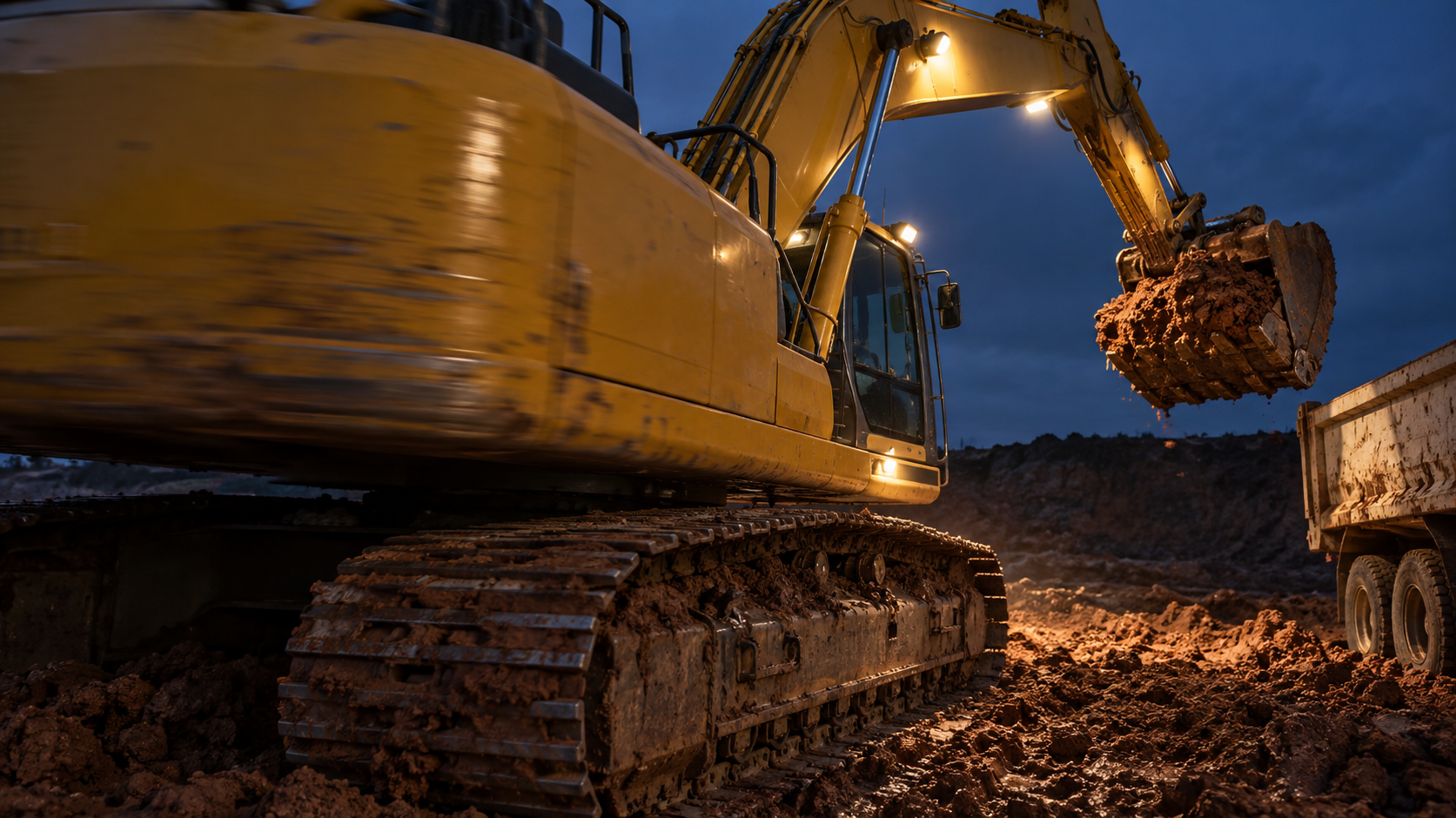 Editorial image: an excavator swinging on a site at dusk. No text in the artwork.