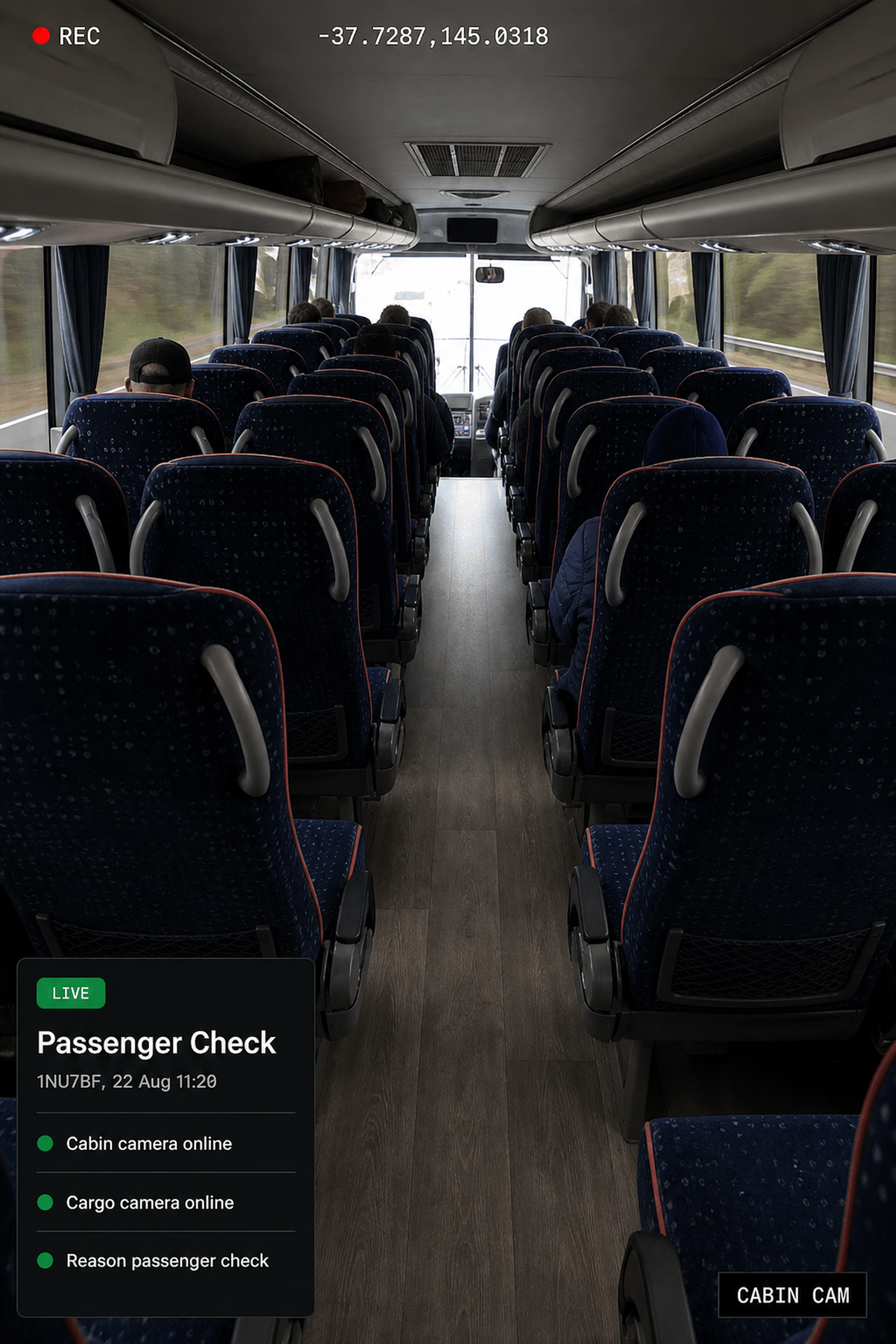Photograph: the interior of a loaded van or a passenger coach cabin, empty of people. Portrait 3:4, dark and cool, room at the top for a heading, no text in the artwork.