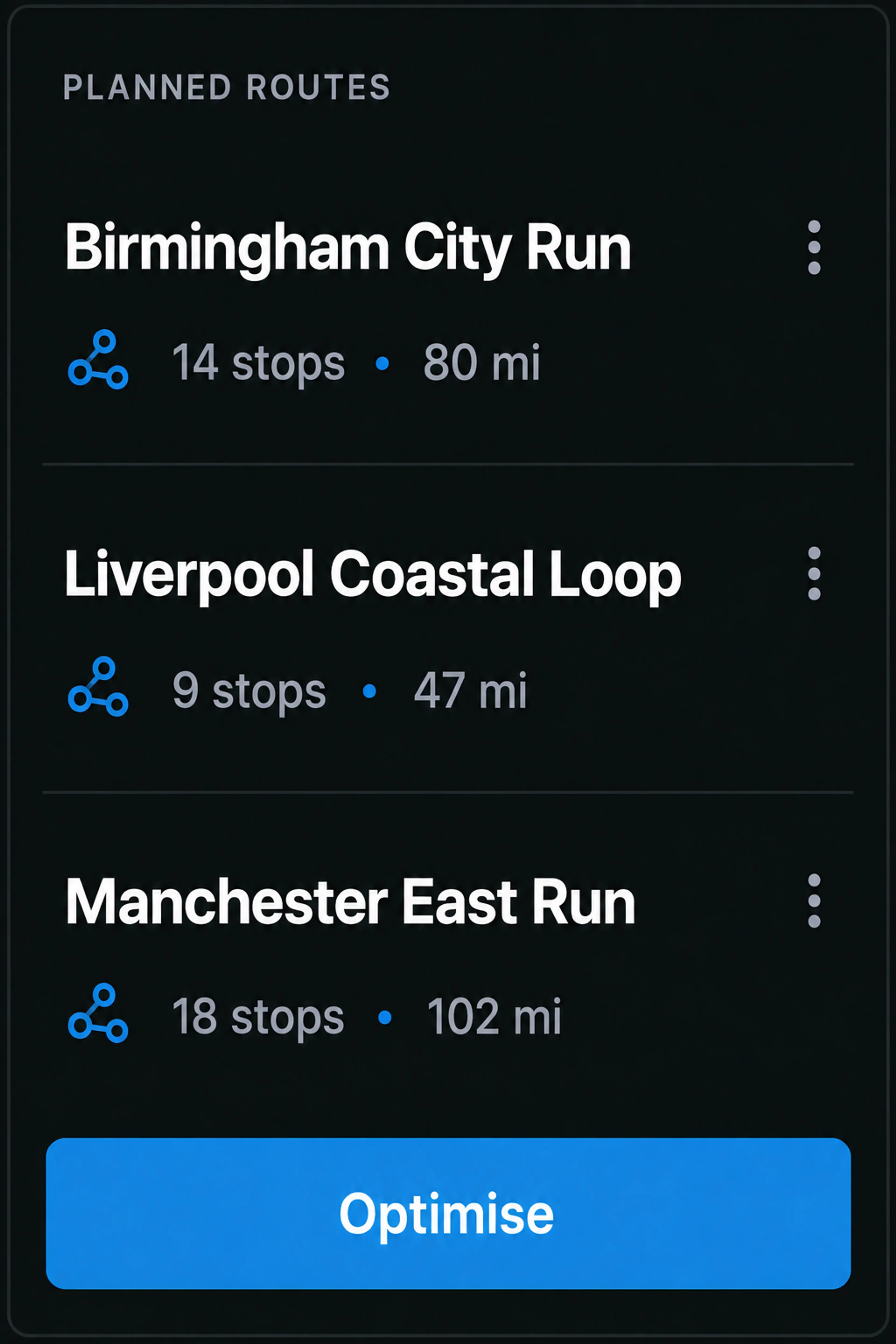 Route360 planned routes panel: three routes with job counts and distances, and an optimise action.