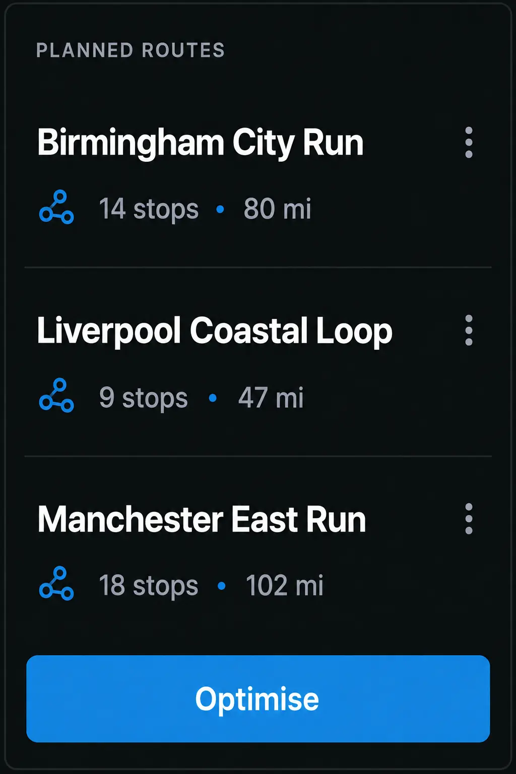 Route360 planned routes panel: three routes with job counts and distances, and an optimise action.