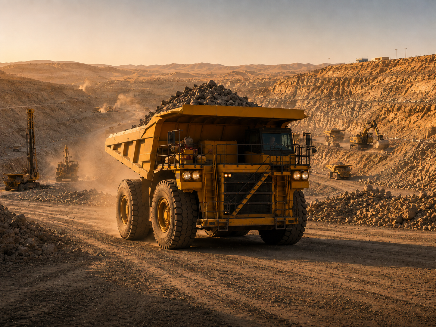Loaded haul truck climbing out of an open-pit mine in the Saudi desert