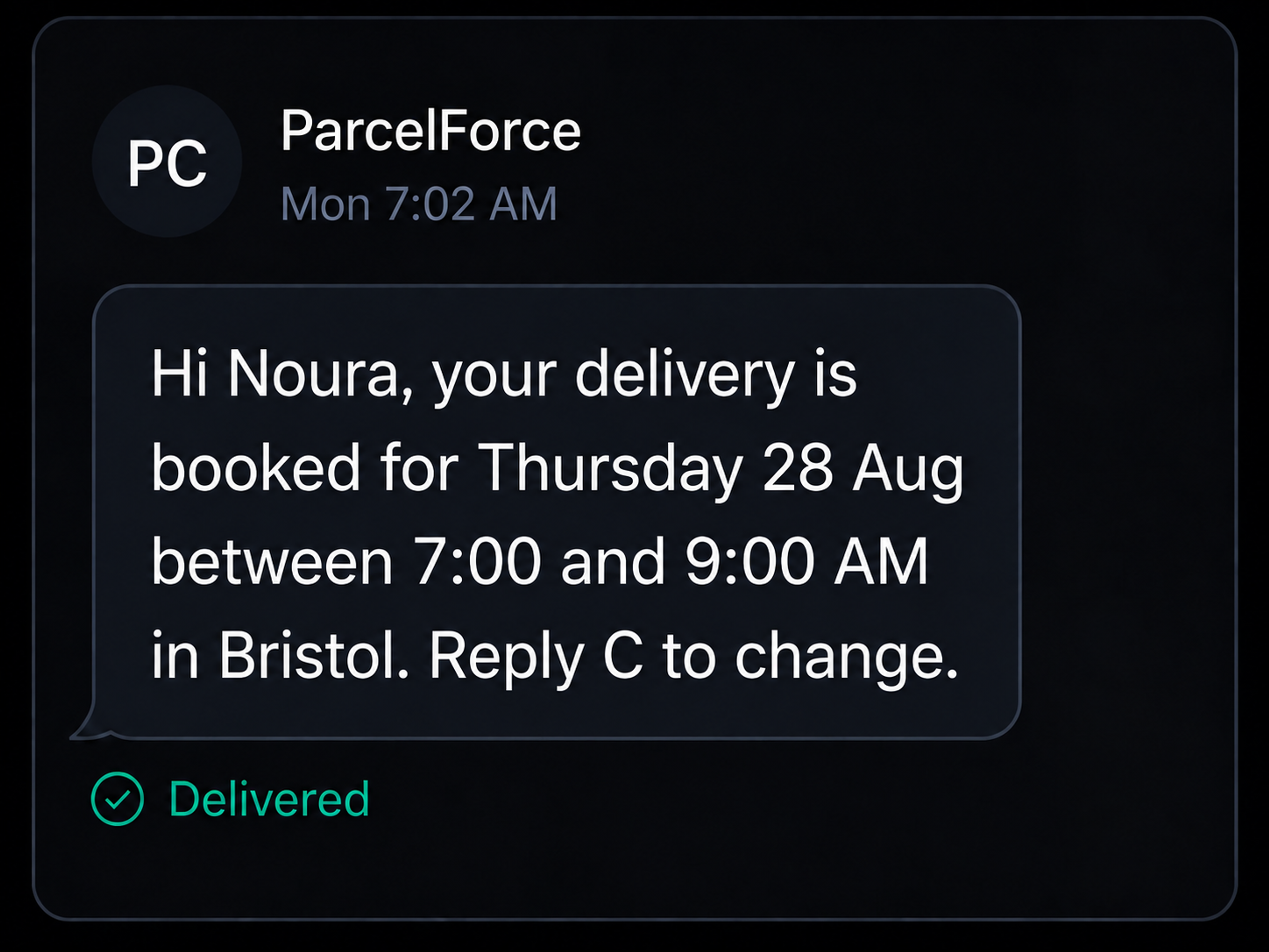 Delivery window message on a handset. 4:3.