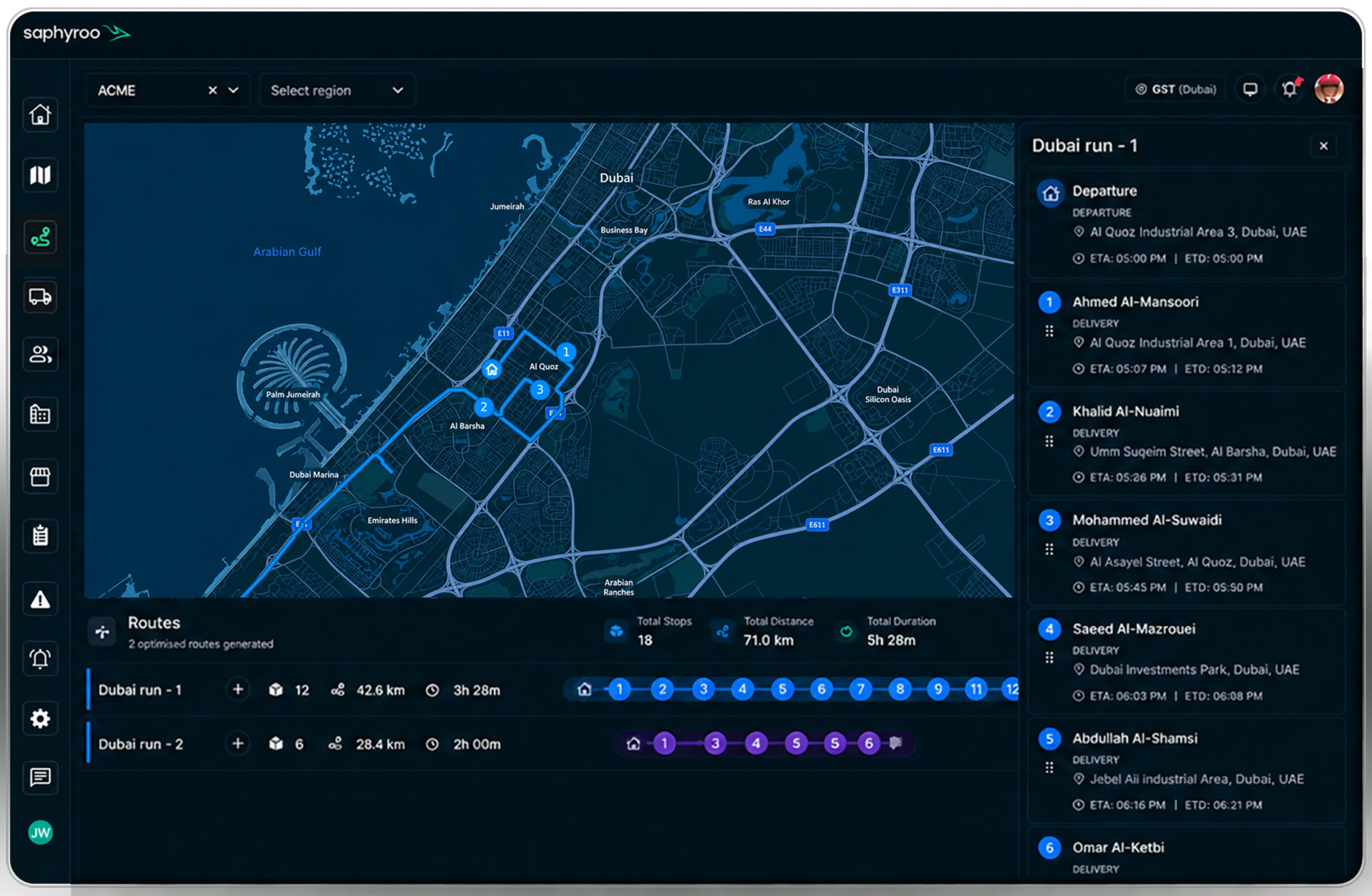 Route360 route optimisation console: two optimised Queensland runs traced on a live map, with the stop-by-stop delivery list and ETAs beside it