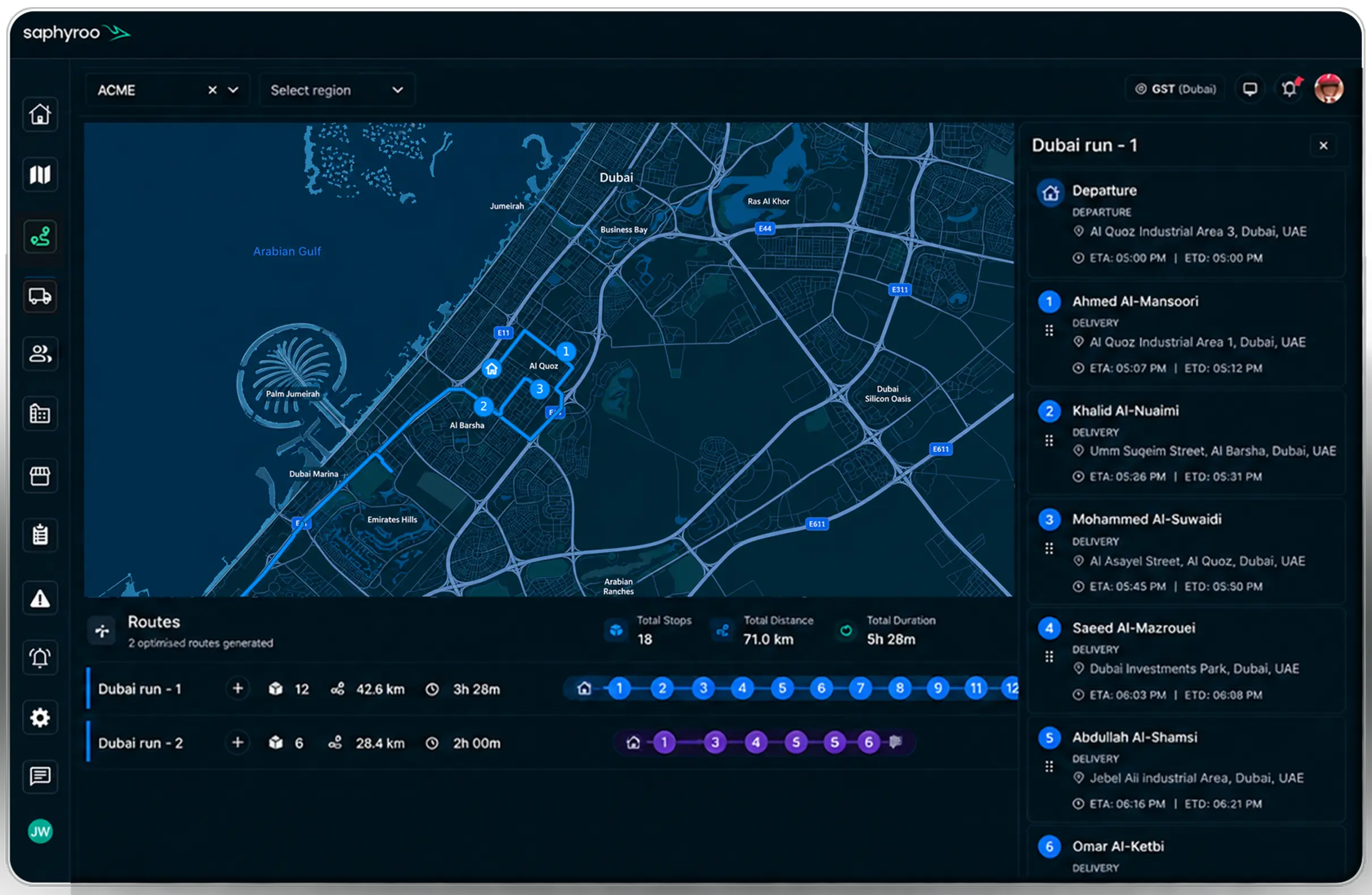 Route360 route optimisation console: two optimised Queensland runs traced on a live map, with the stop-by-stop delivery list and ETAs beside it