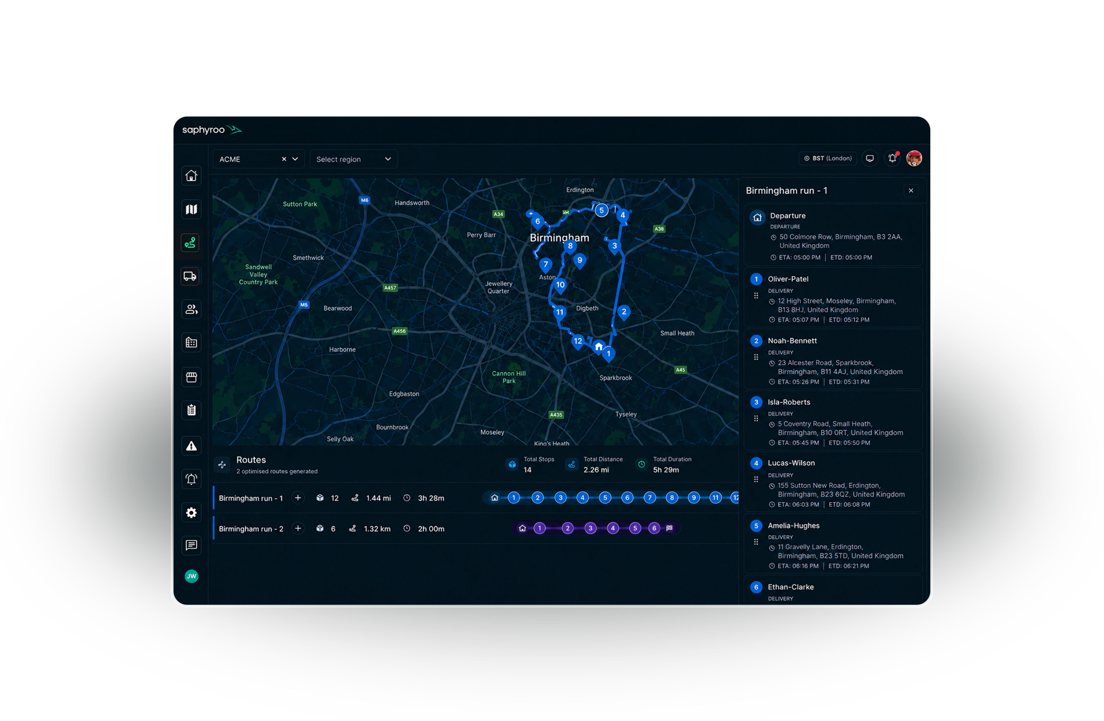 Route360 route optimisation console: two optimised Queensland runs traced on a live map, with the stop-by-stop delivery list and ETAs beside it