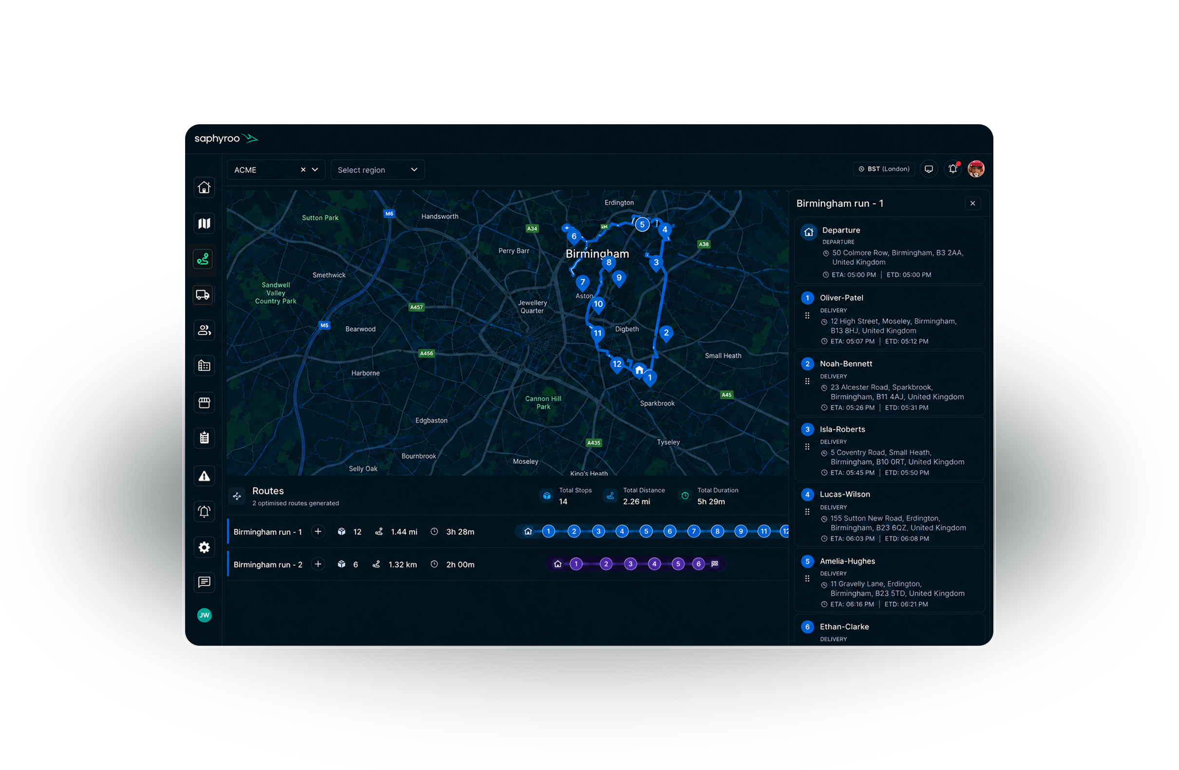 Route360 route optimisation console: two optimised Queensland runs traced on a live map, with the stop-by-stop delivery list and ETAs beside it