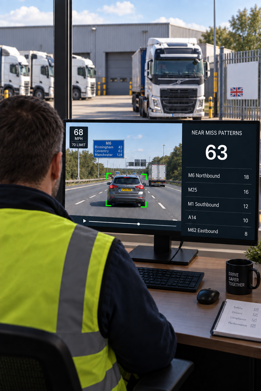 Photograph: a safety manager reviewing road-facing footage at a desk, screen content not legible. Portrait 3:4, dark and cool, room at the top for a heading, no text in the artwork.