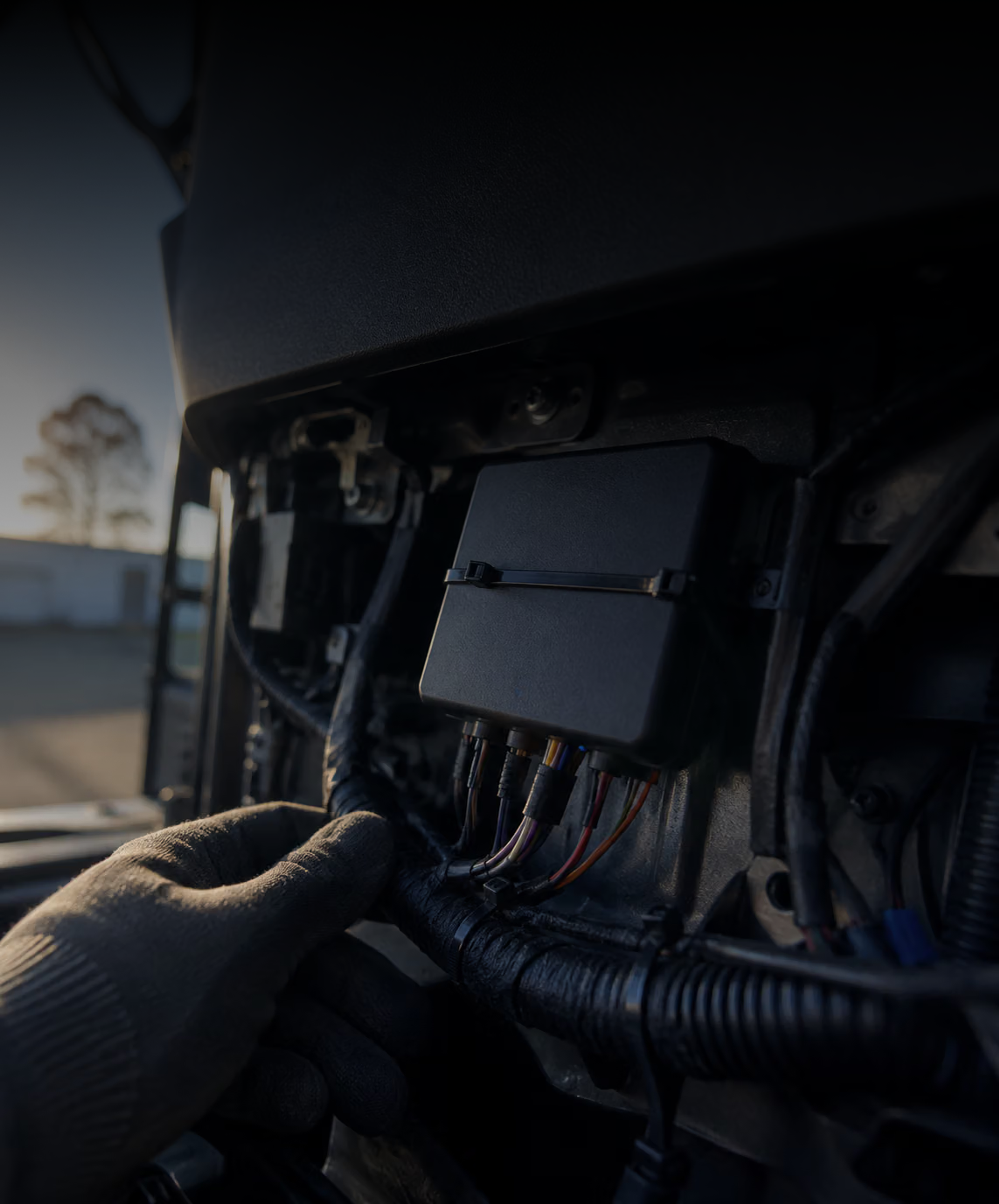 Photograph: a close, quiet detail of a vehicle telematics install. Dark and cool, room at the top, no text in the artwork.