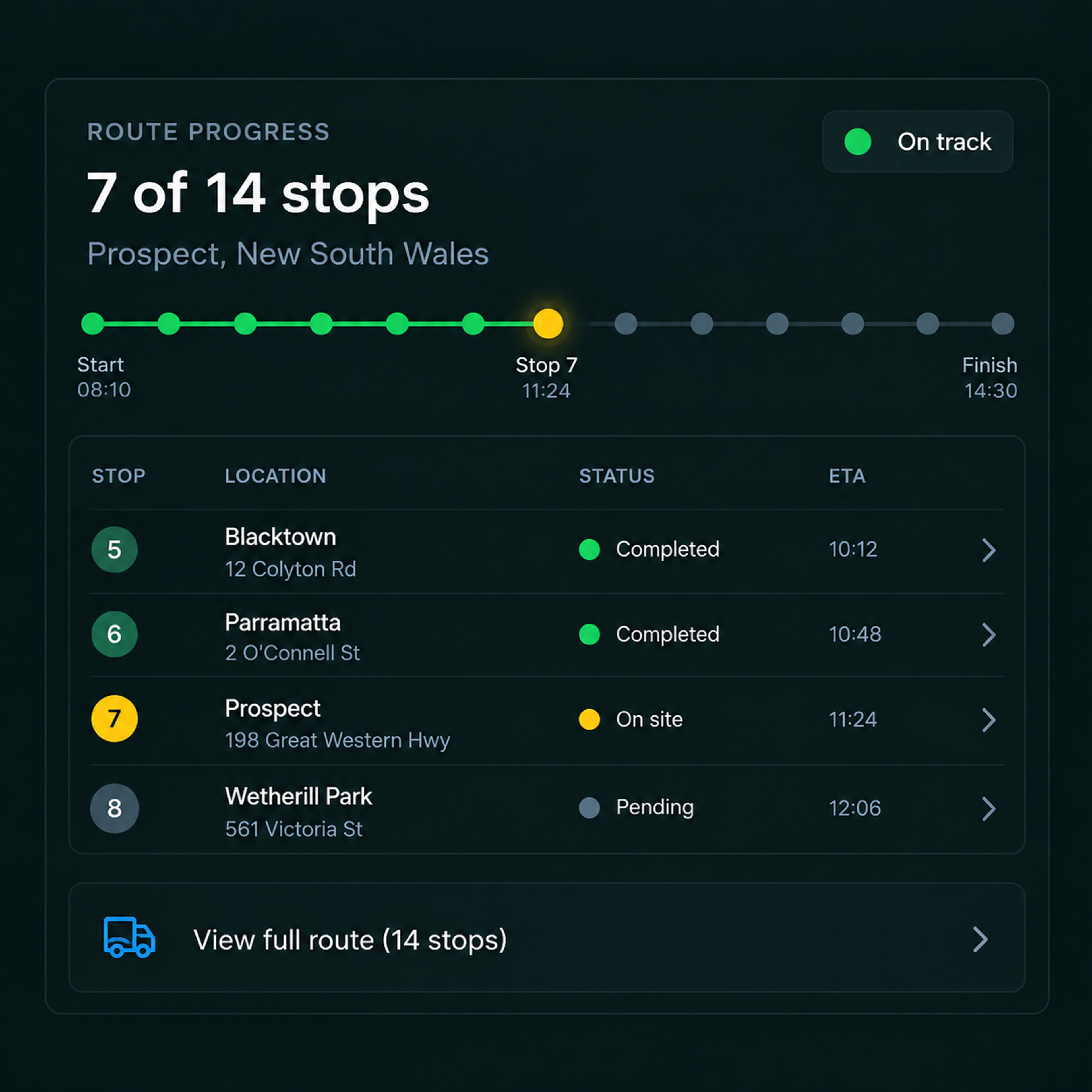 Live execution view: route progress with on-track, at-risk and delayed stops.