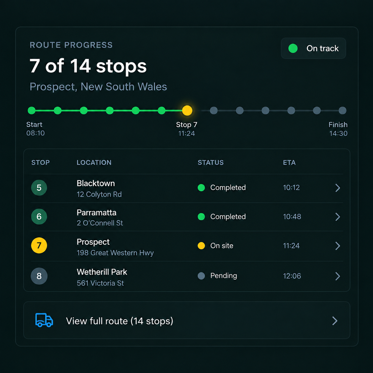 Live execution view: route progress with on-track, at-risk and delayed stops.