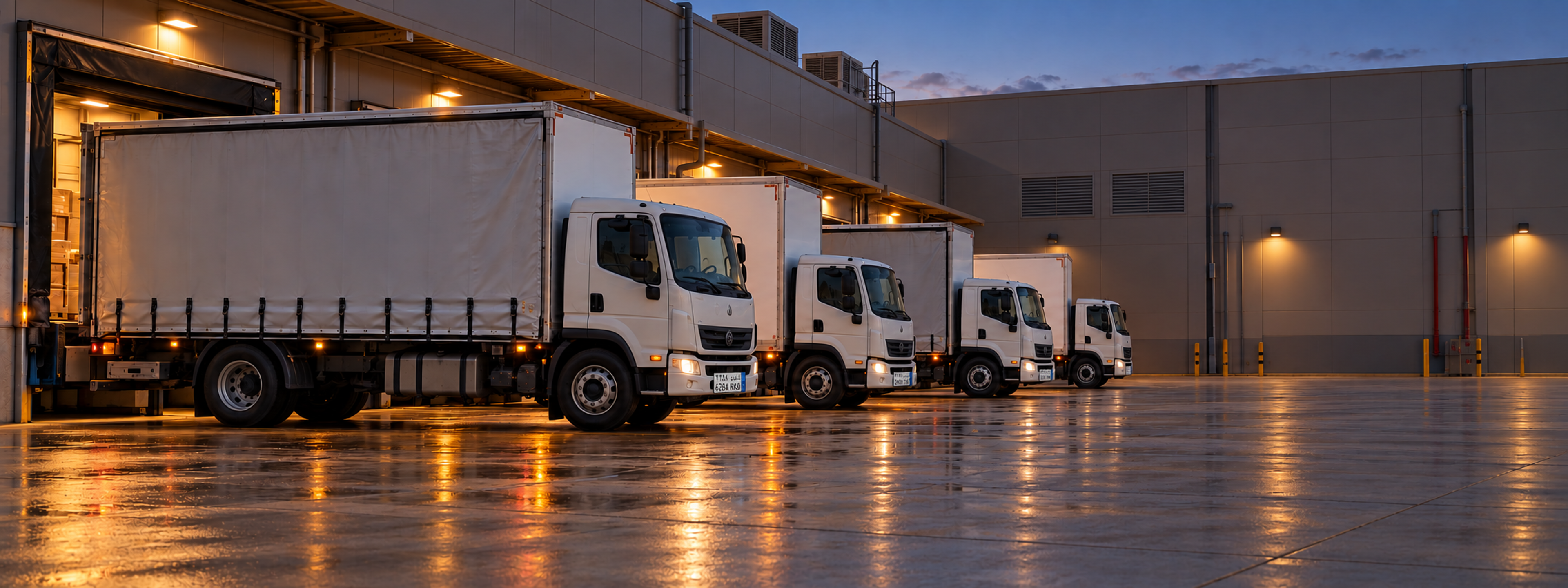 Photograph: an Australian distribution yard at dawn, rigid trucks on the dock. Landscape 16:9, cool light, no text in the artwork.