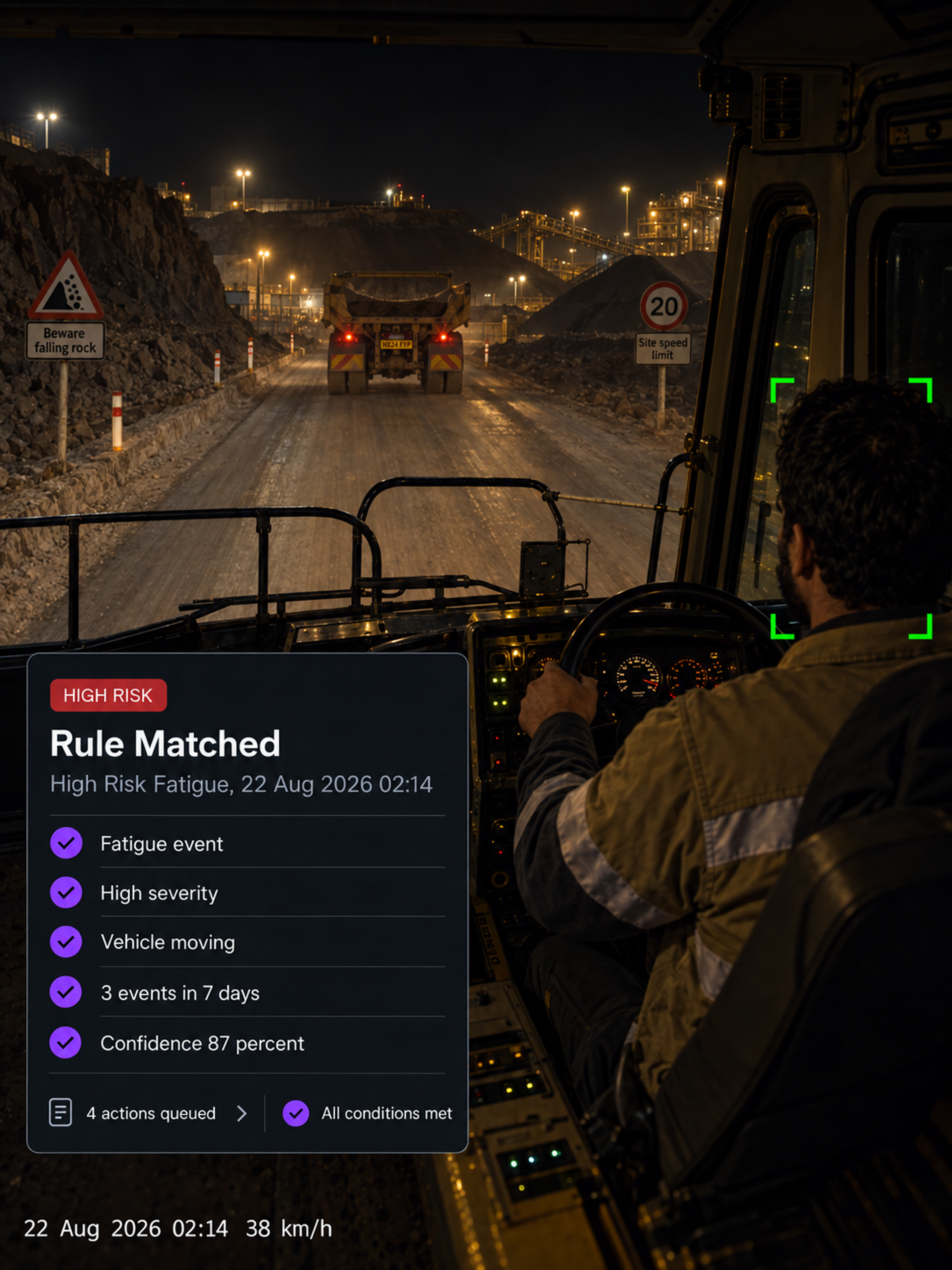 Photograph: a truck on a highway at night, headlights on. Portrait 3:4, dark and cool, room at the top for a heading, no text in the artwork.
