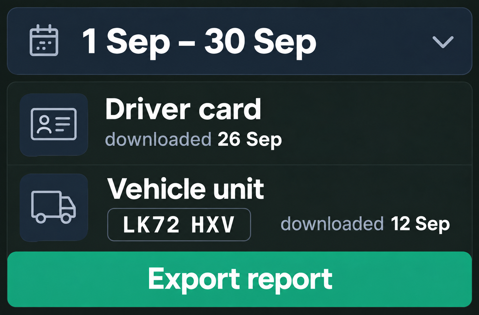 Driver card and vehicle unit records with a date-range report ready to export