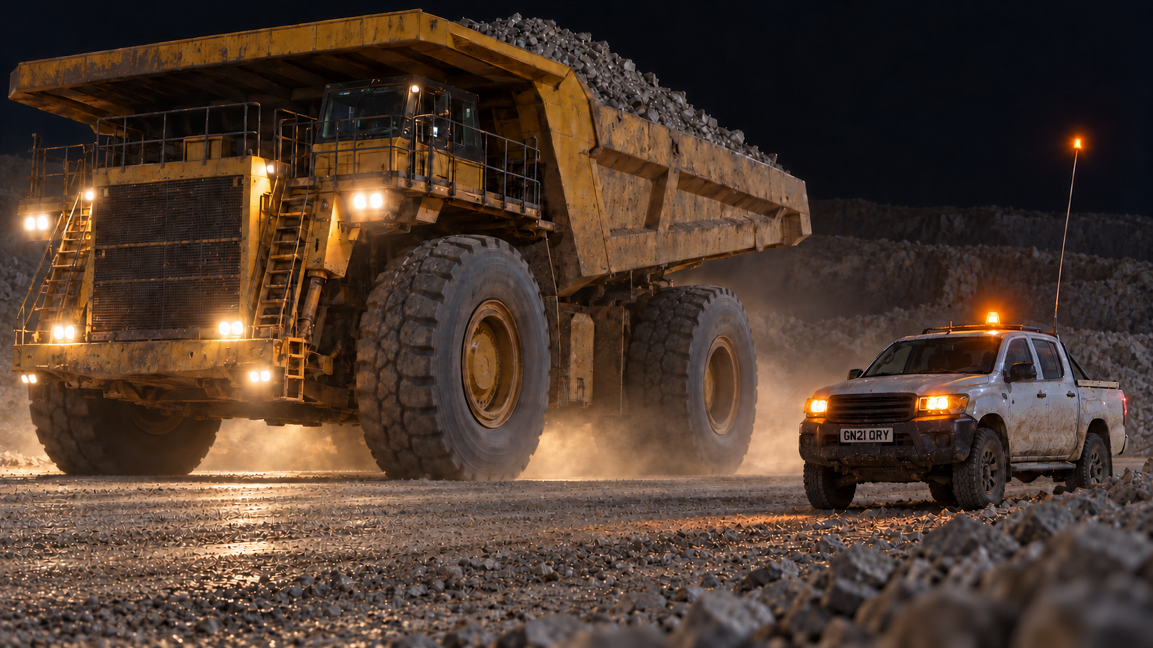 Editorial image: a haul truck and a light vehicle on a haul road at night. No text in the artwork.