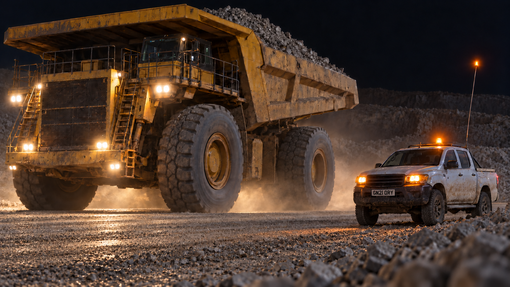 Editorial image: a haul truck and a light vehicle on a haul road at night. No text in the artwork.