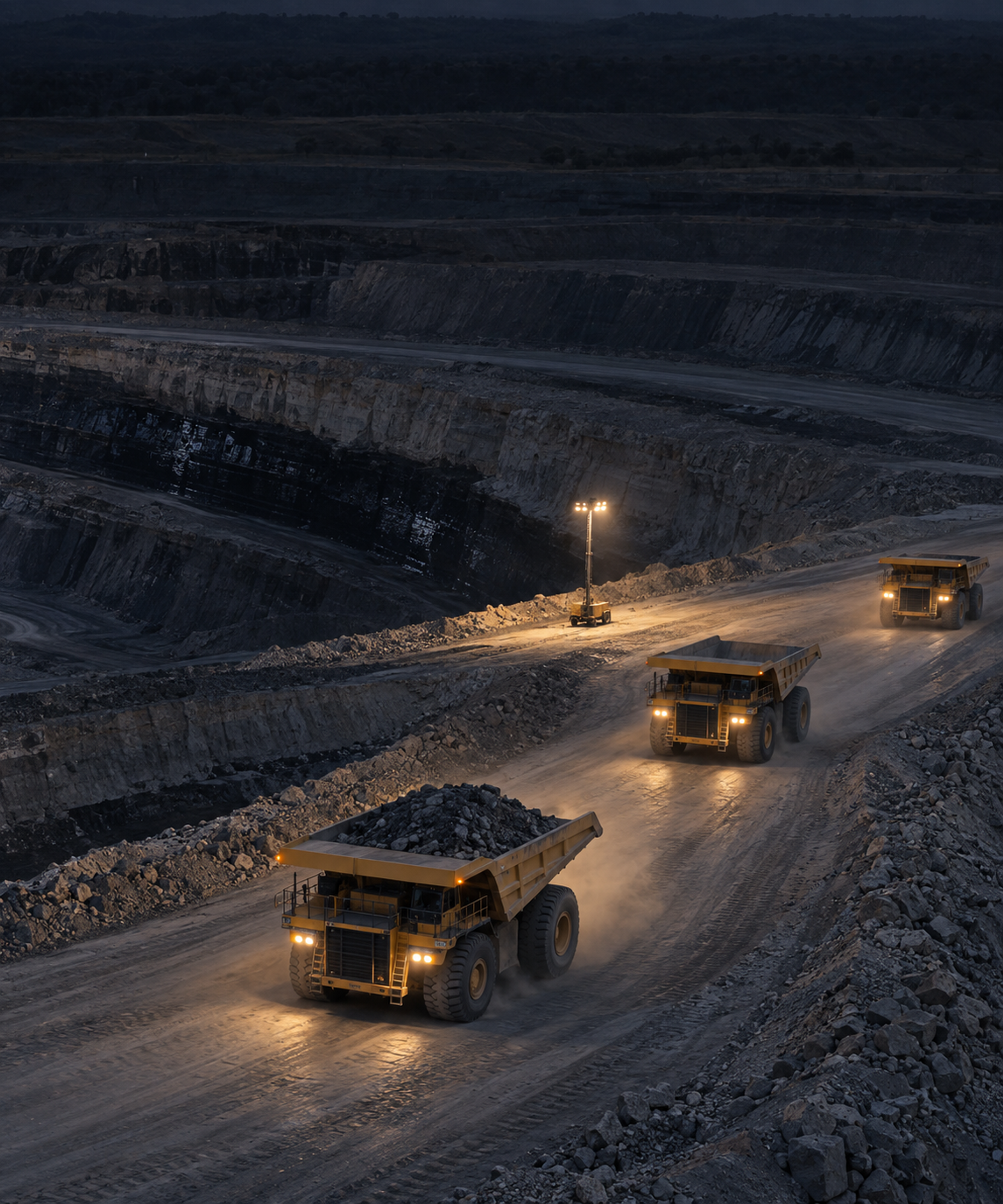 Photograph: haul trucks on a bench at dusk, shot from height. Dark and cool, room at the top, no text in the artwork.