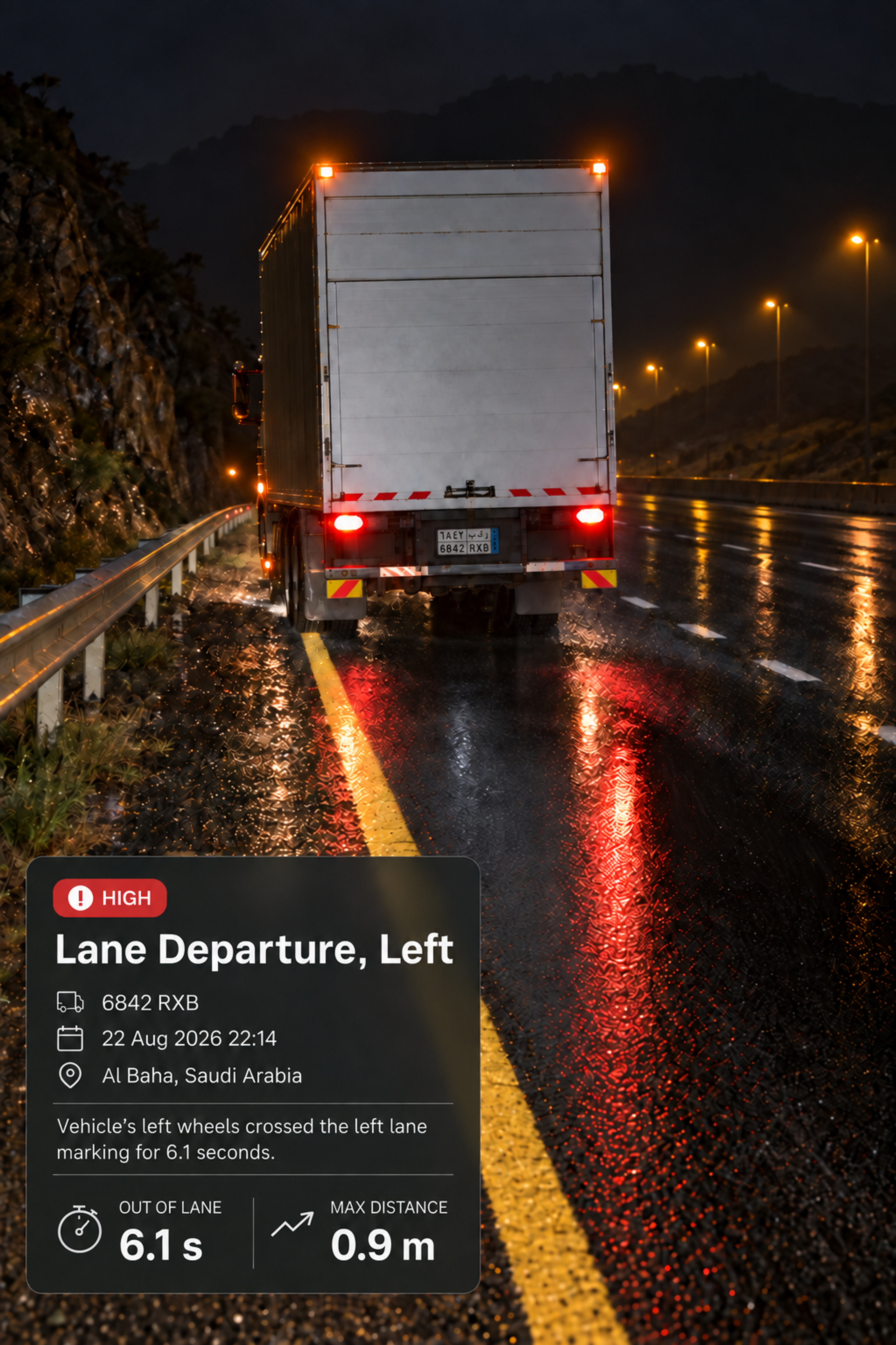 Photograph: a motorway lane from a road-facing viewpoint in daylight, lane markings clear. Portrait 3:4, dark and cool, room at the top for a heading, no text in the artwork.