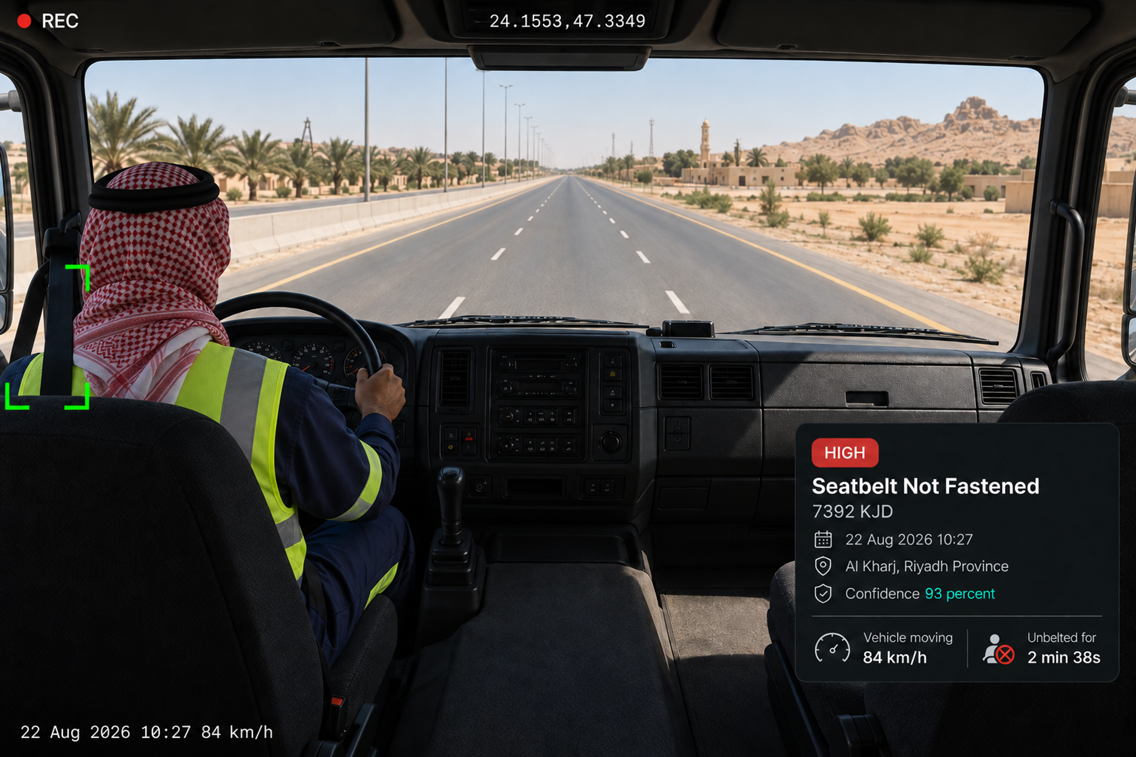 Vision360 seatbelt event review: the seatbelt event header, in-cab video with the driver framed and a seatbelt-not-fastened callout, the detected behaviour and confidence panel, the event details list, and the ten seconds before and after strip. 4:3, dark UI, 2000x1500.