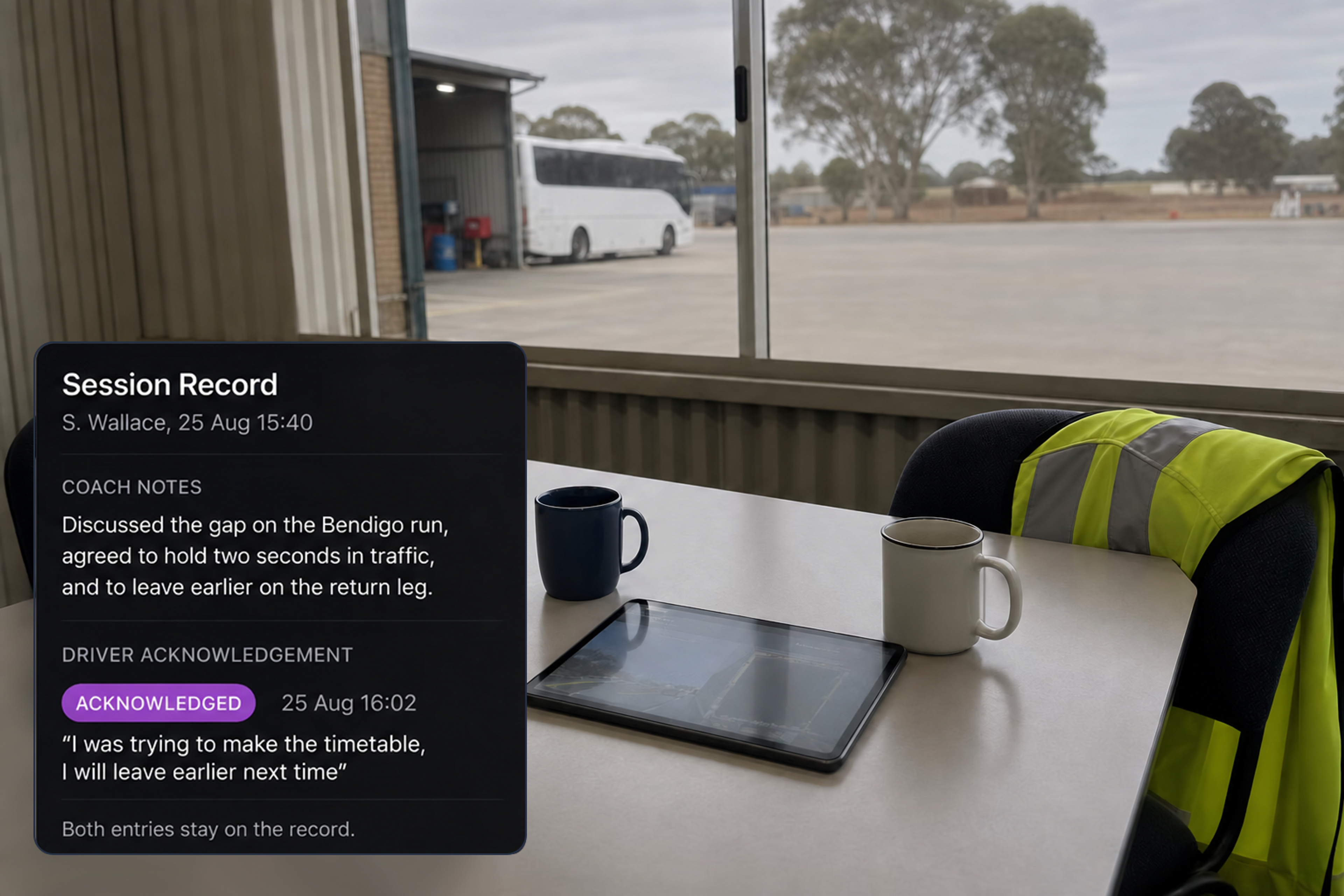 Coach notes editor beside the driver acknowledgement panel showing the acknowledged state, the time and the driver's comments. 4:3, dark UI.