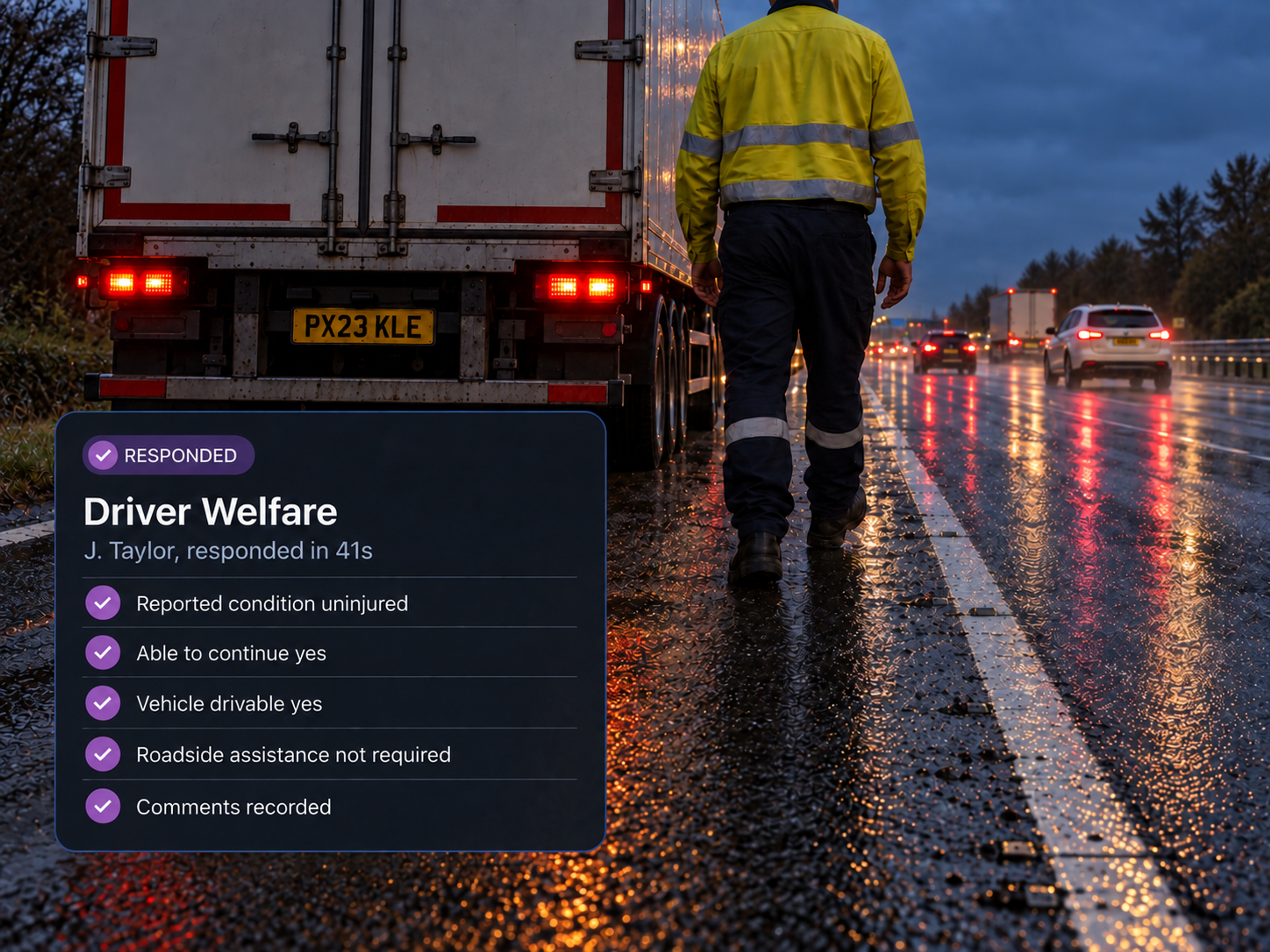 Driver welfare panel: seven checked rows from driver response through to comments, with the view welfare history link. 4:3, dark UI.