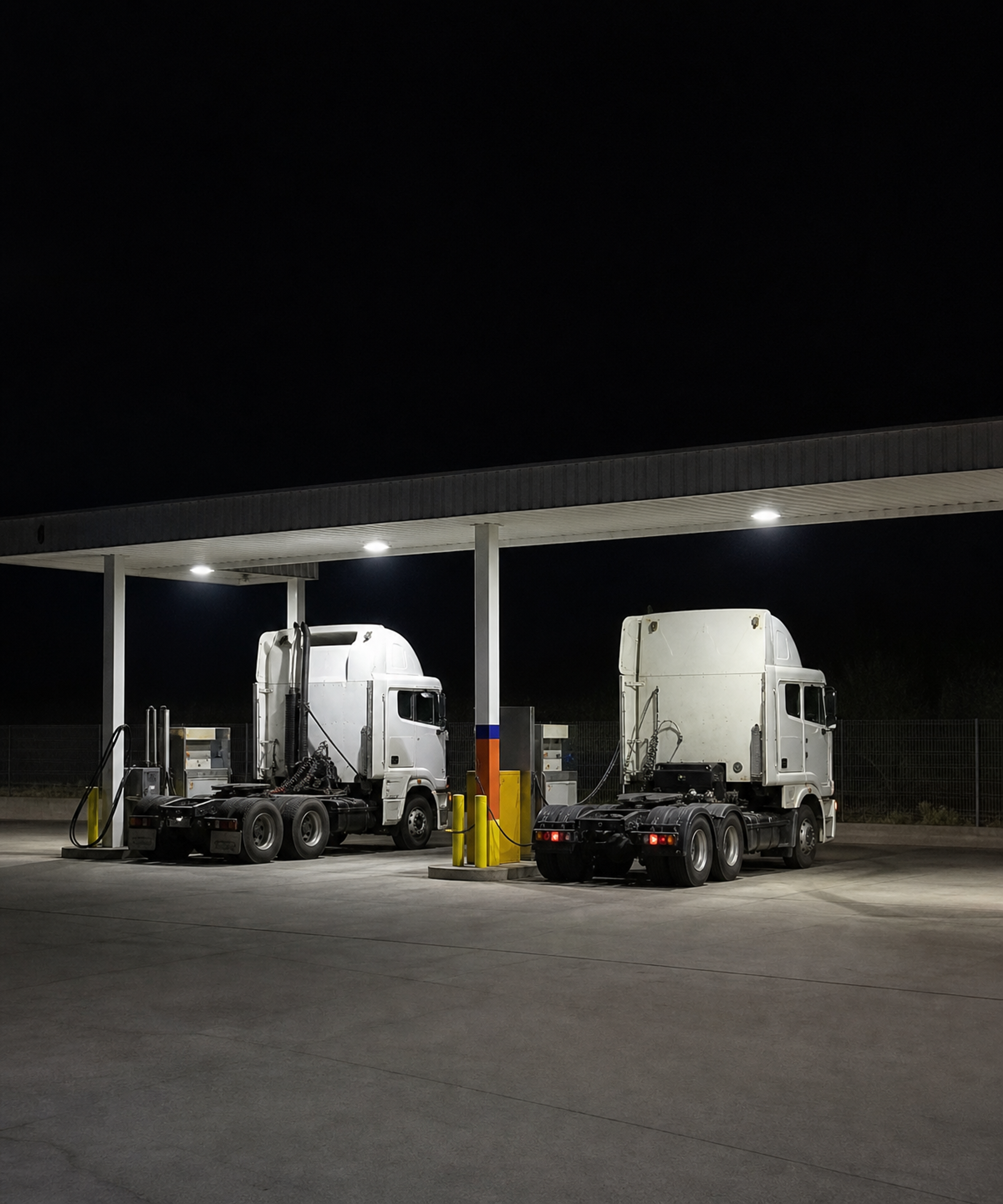 Photograph: a depot at night with vehicles under lights. Dark and cool, room at the top, no text in the artwork.