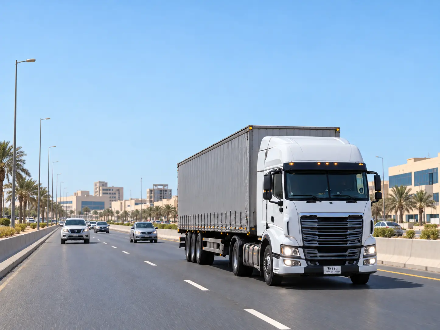Photograph: a prime mover on a highway at dusk. Dark and cool, no text in the artwork.