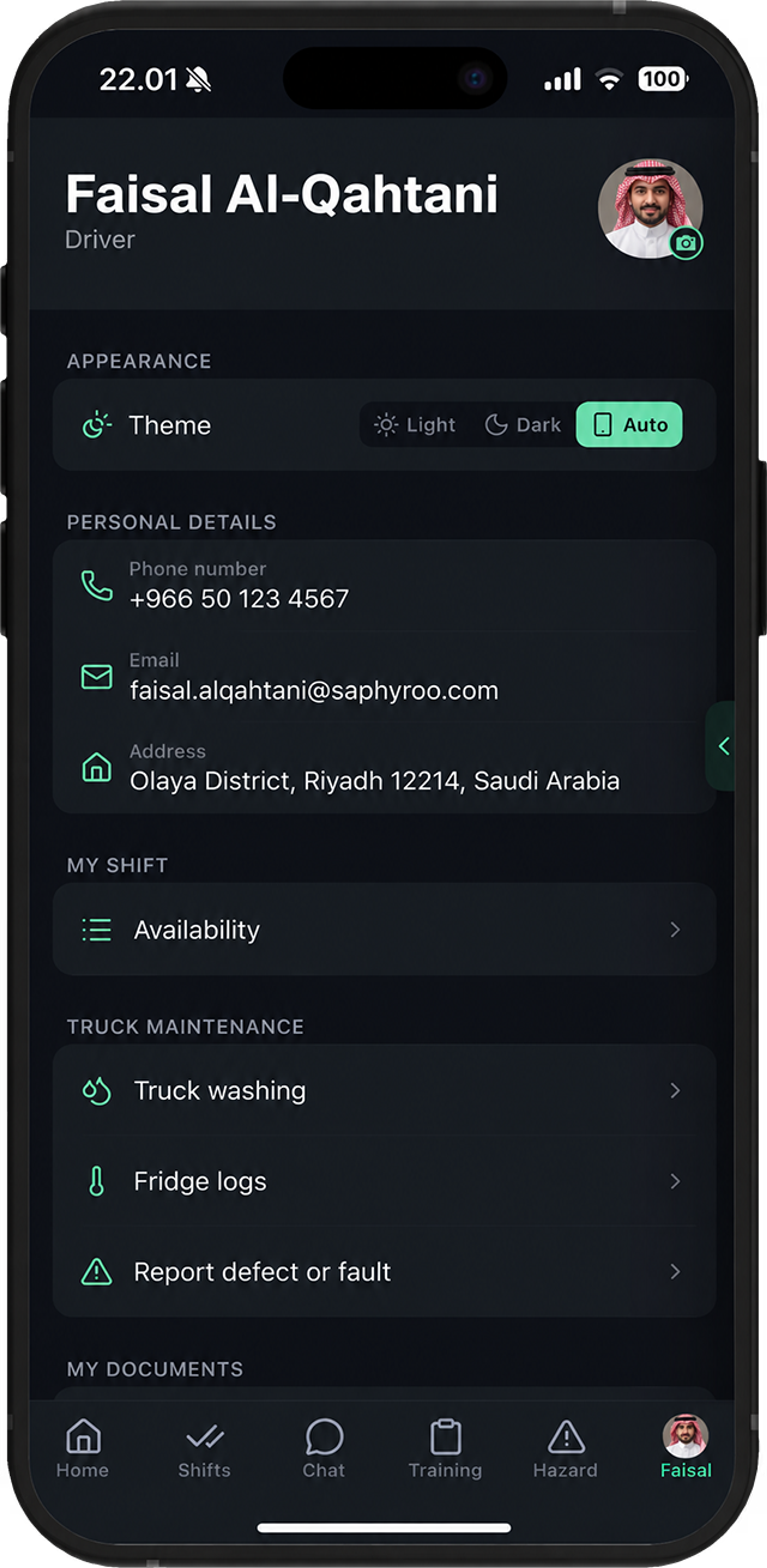 Drive360 driver app profile screen: theme, personal details, availability, and truck maintenance actions for washing, fridge logs and defect reporting