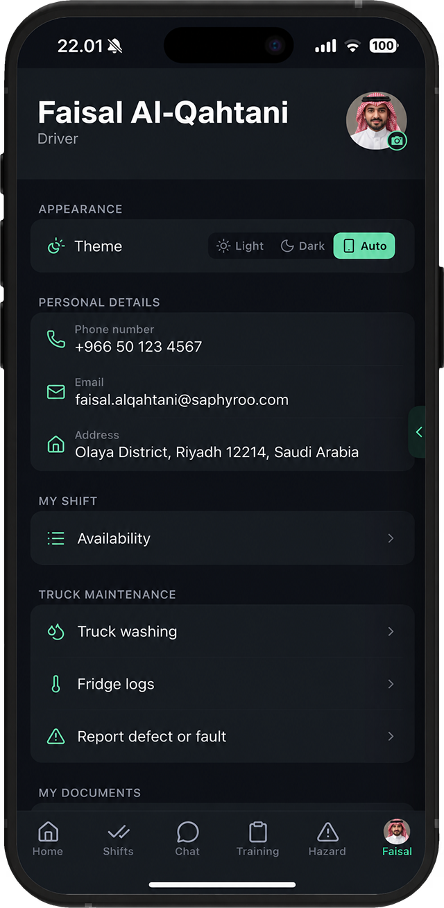 Drive360 driver app profile screen: theme, personal details, availability, and truck maintenance actions for washing, fridge logs and defect reporting