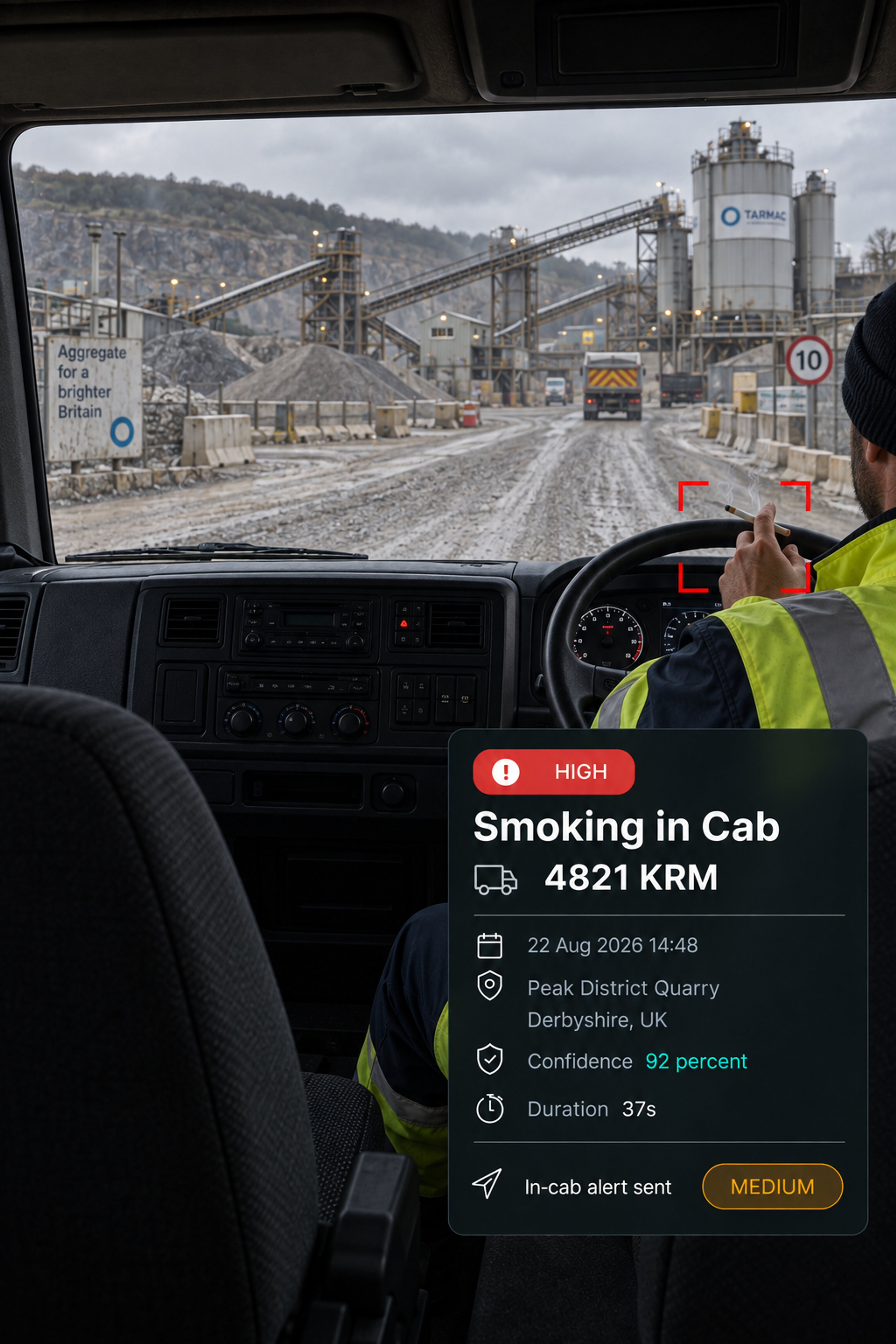 Photograph: a clean, empty truck cab interior in daylight. Portrait 3:4, dark and cool, room at the top for a heading, no text in the artwork.