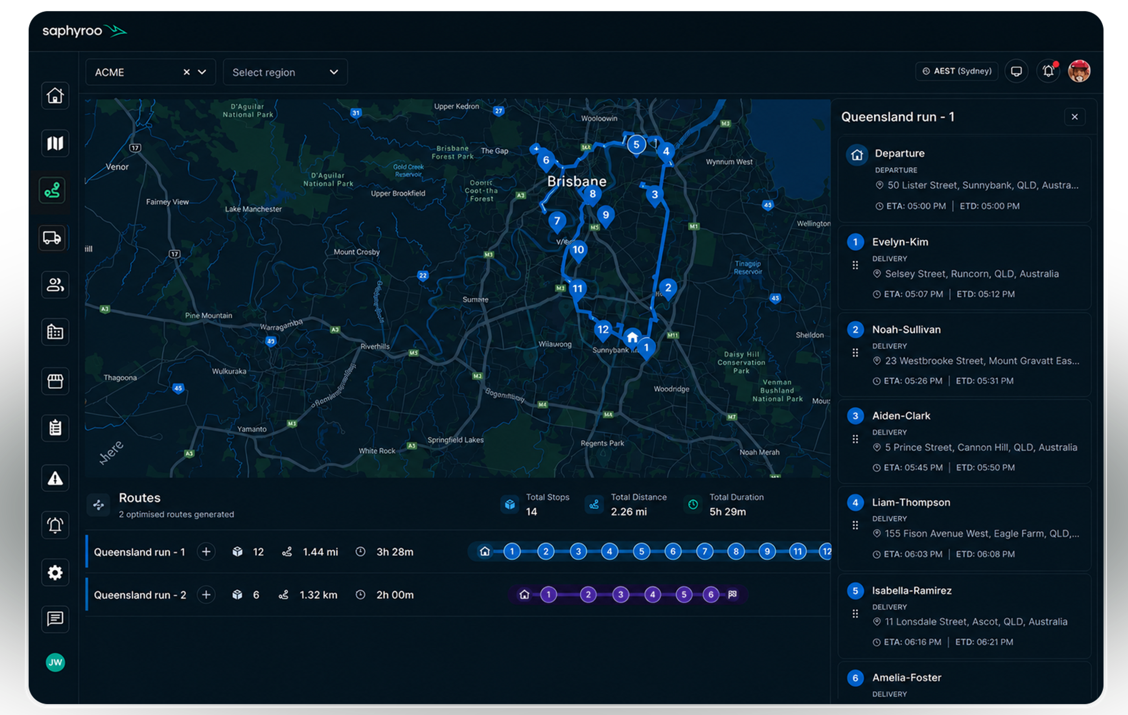 Route360 route optimisation console: two optimised Queensland runs traced on a live map, with the stop-by-stop delivery list and ETAs beside it