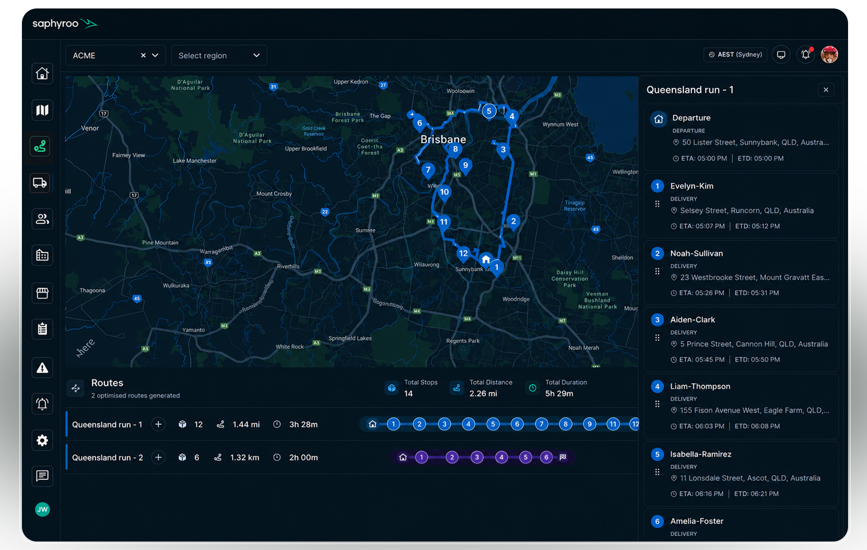 Route360 route optimisation console: two optimised Queensland runs traced on a live map, with the stop-by-stop delivery list and ETAs beside it
