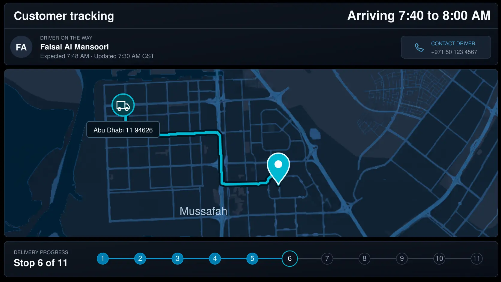 Branded customer tracking page: estimated arrival window, driver on the way card, the route on a map and the stop progress bar. 16:9.