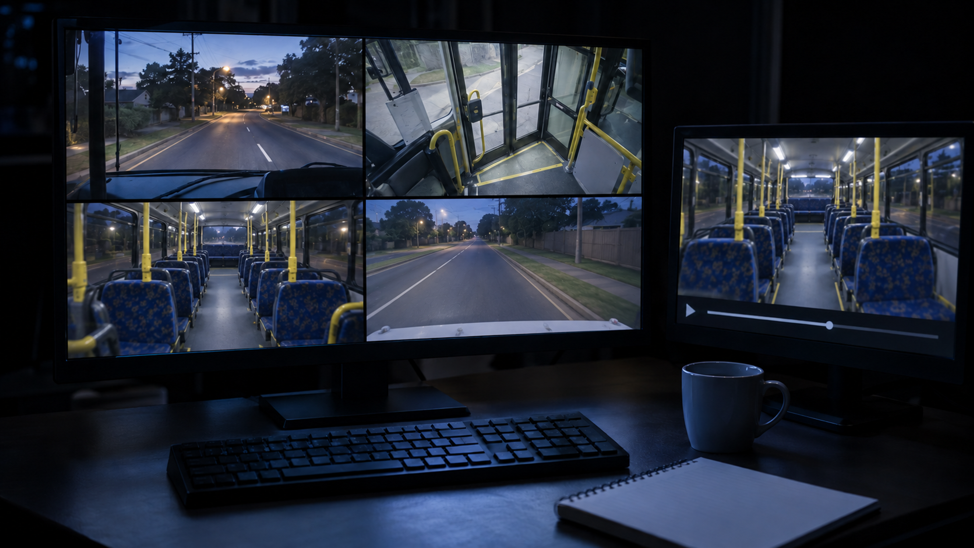 Editorial image: a multi-camera review workspace, screen glow. No text in the artwork.