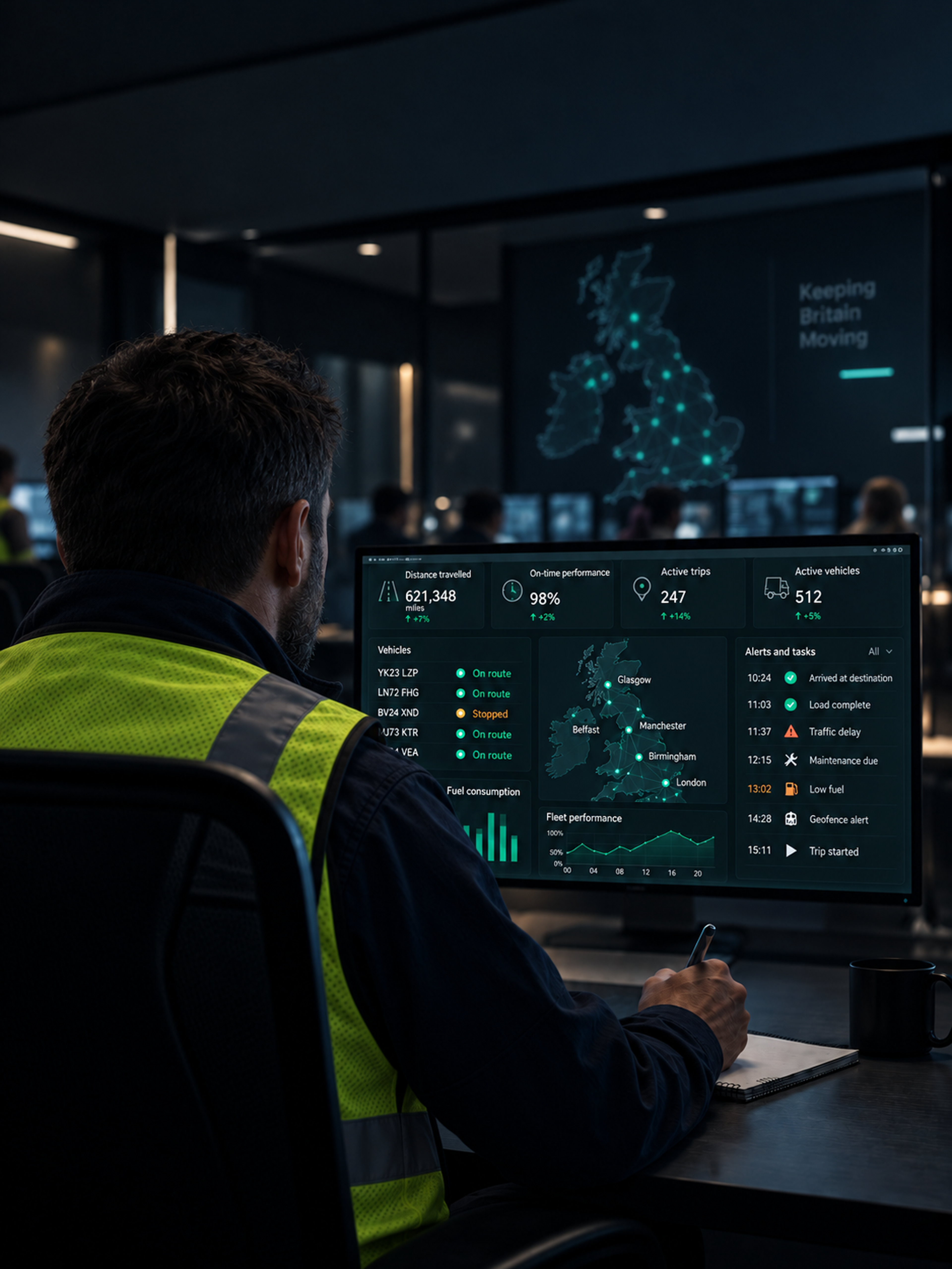Photograph: a safety manager at a screen in a quiet office at night. Dark and cool, room at the top, no text in the artwork.