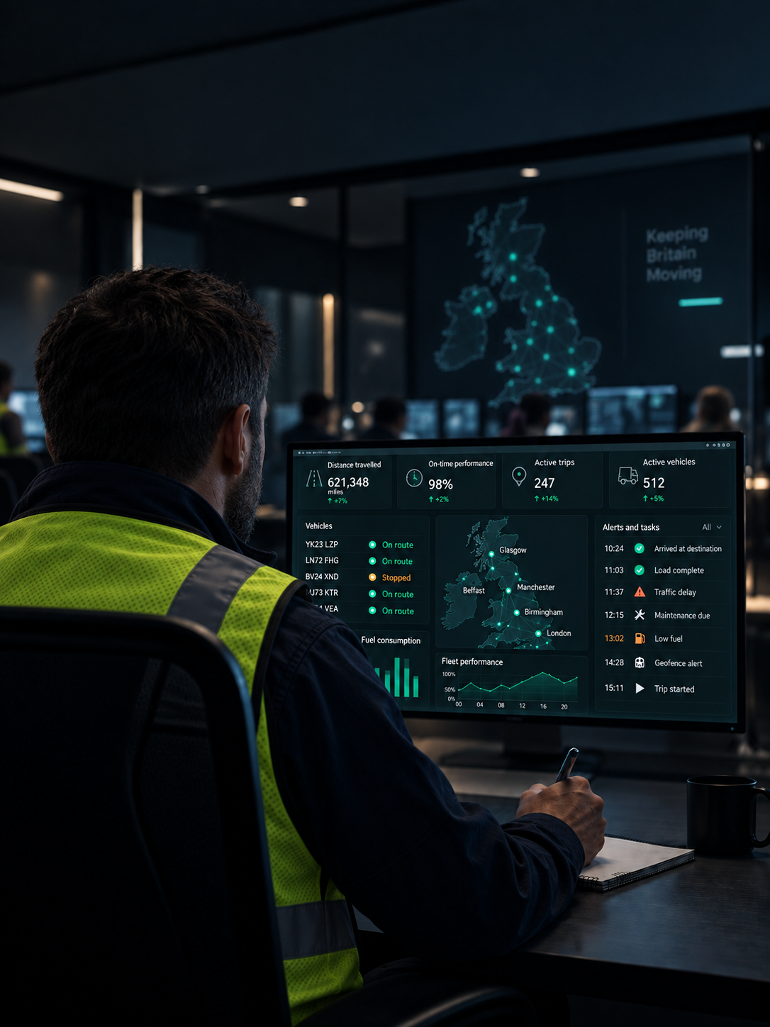 Photograph: a safety manager at a screen in a quiet office at night. Dark and cool, room at the top, no text in the artwork.